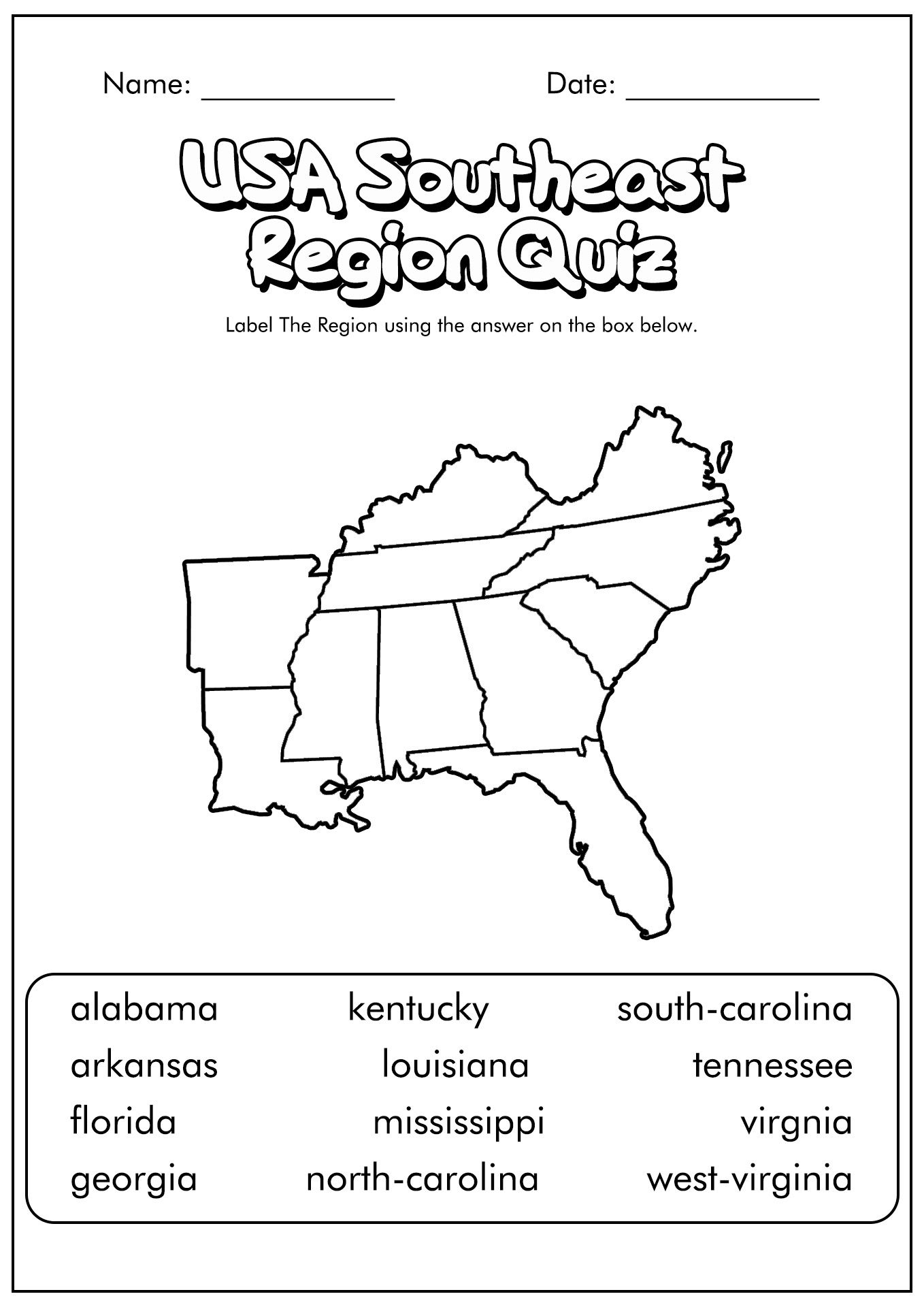 11 Blank Map Worksheet Map Worksheets Southeast Region Map