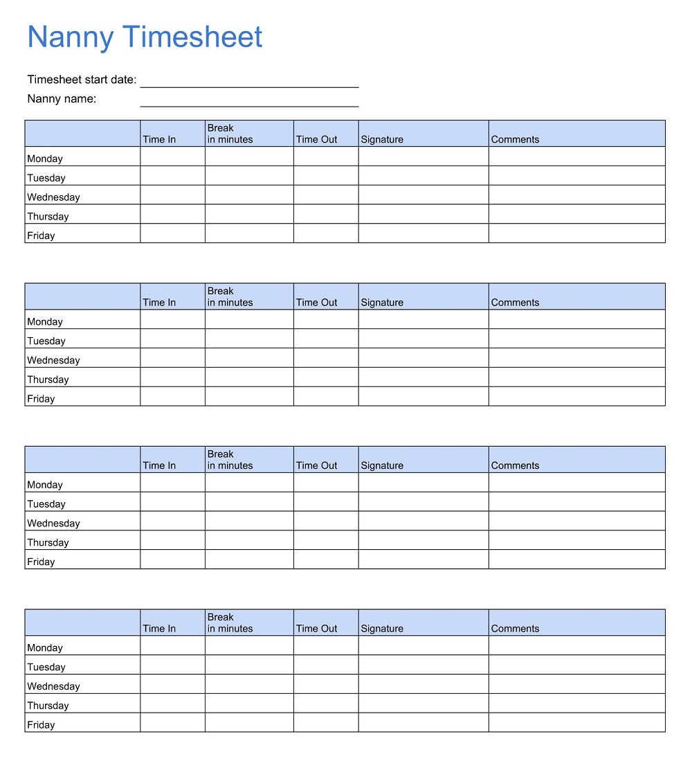 20 Free Printable Nanny Timesheet Templates Sample PDF American