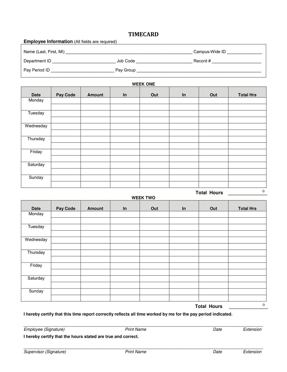 26 Free Printable Time Card Templates MS Excel PDF Time Card Templates