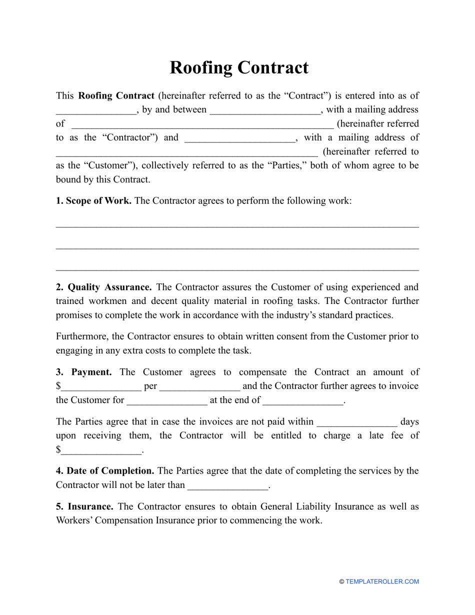 Fill In Blank Printable Roofing Contract Templates