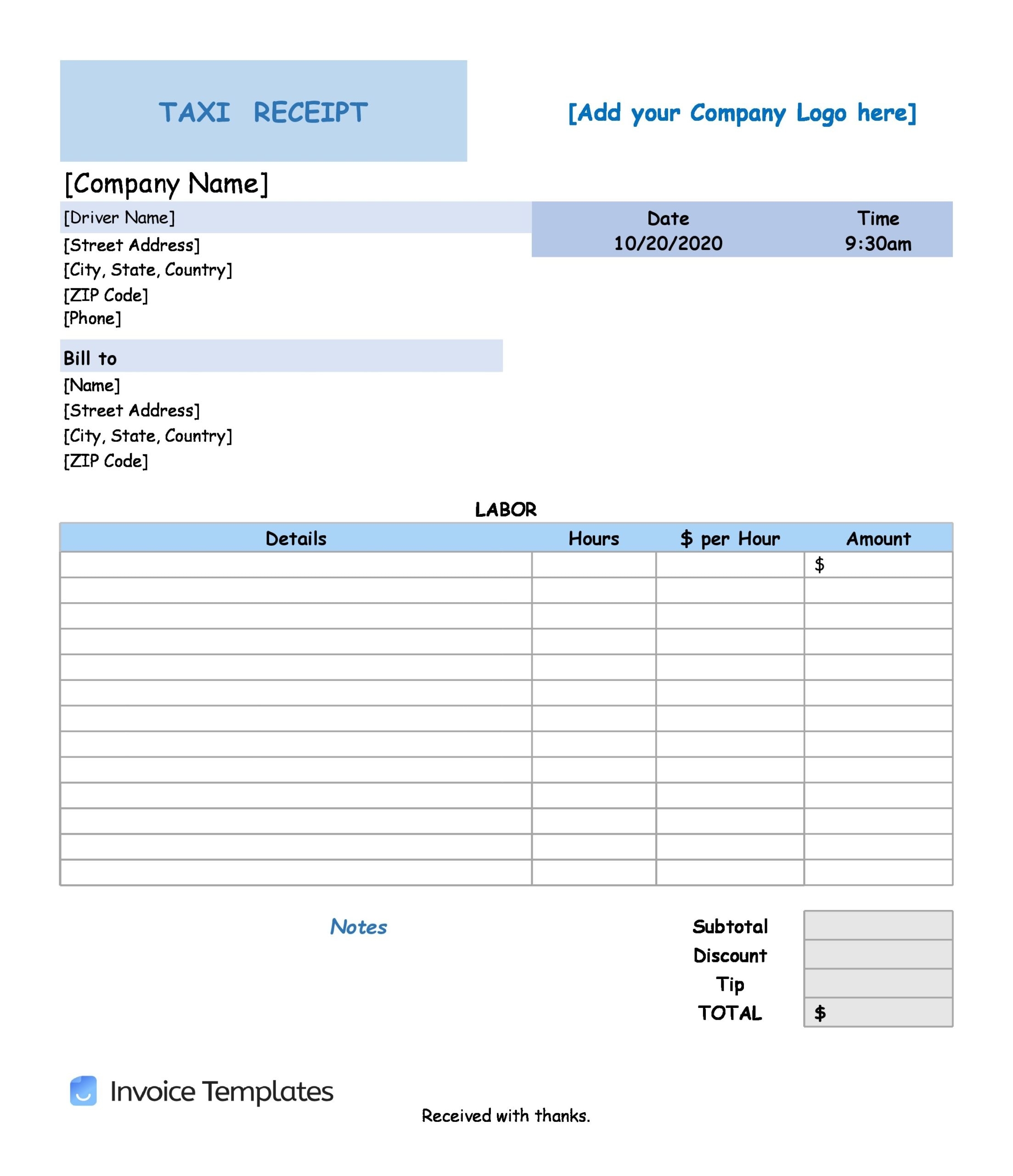 Blank Taxi Receipt Templates