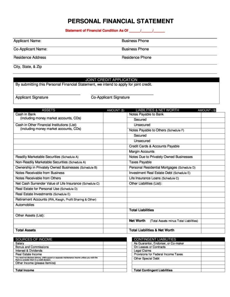 40 Personal Financial Statement Templates Forms TemplateLab