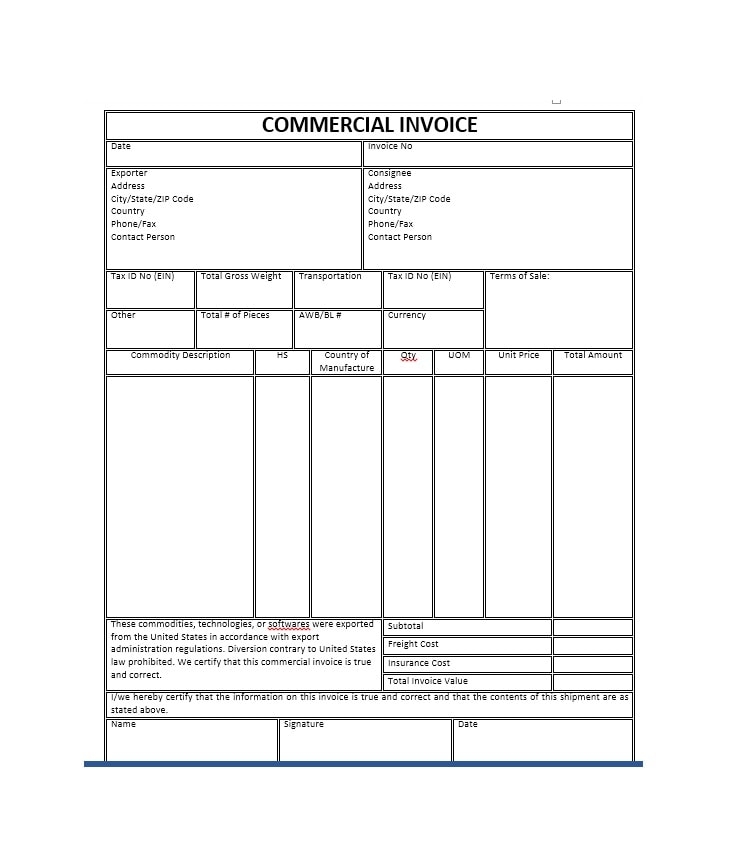 44 Blank Commercial Invoice Templates Pdf Word Templatearchive Riset