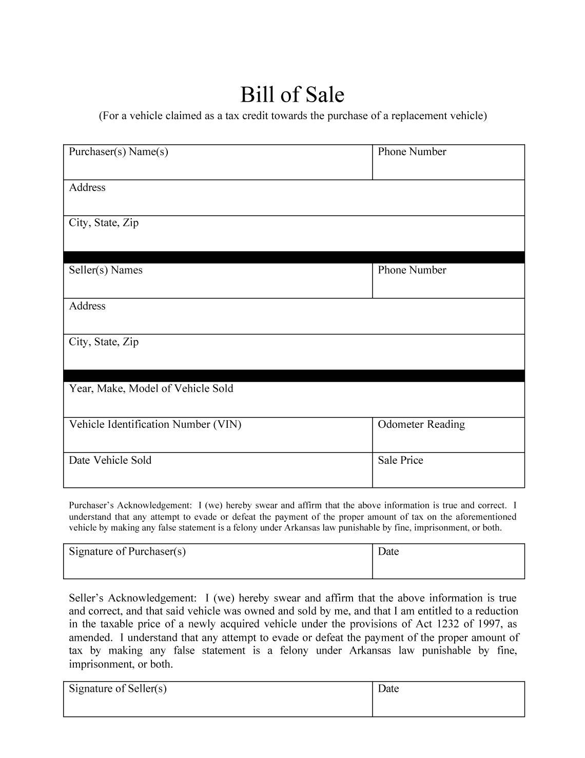 Blank Bill Of Sale Templates
