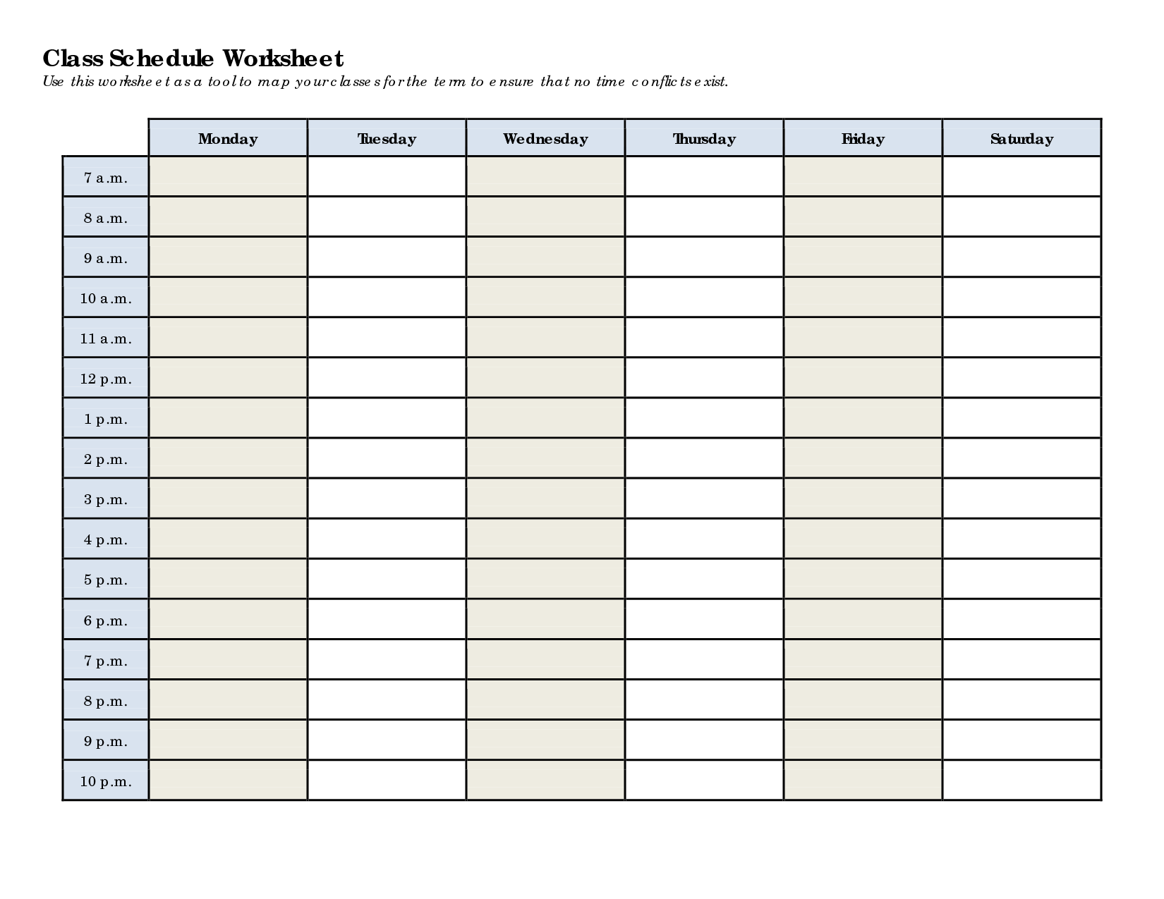 Blank Templates For Class Schedule