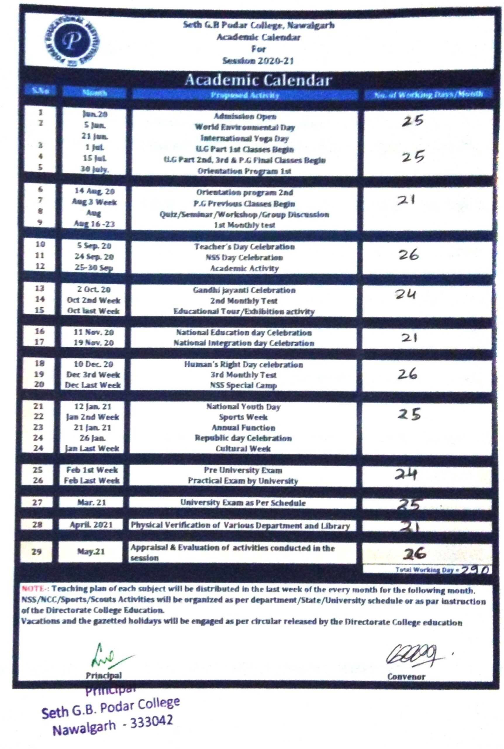 Academic Calender SETH G B PODAR COLLEGE