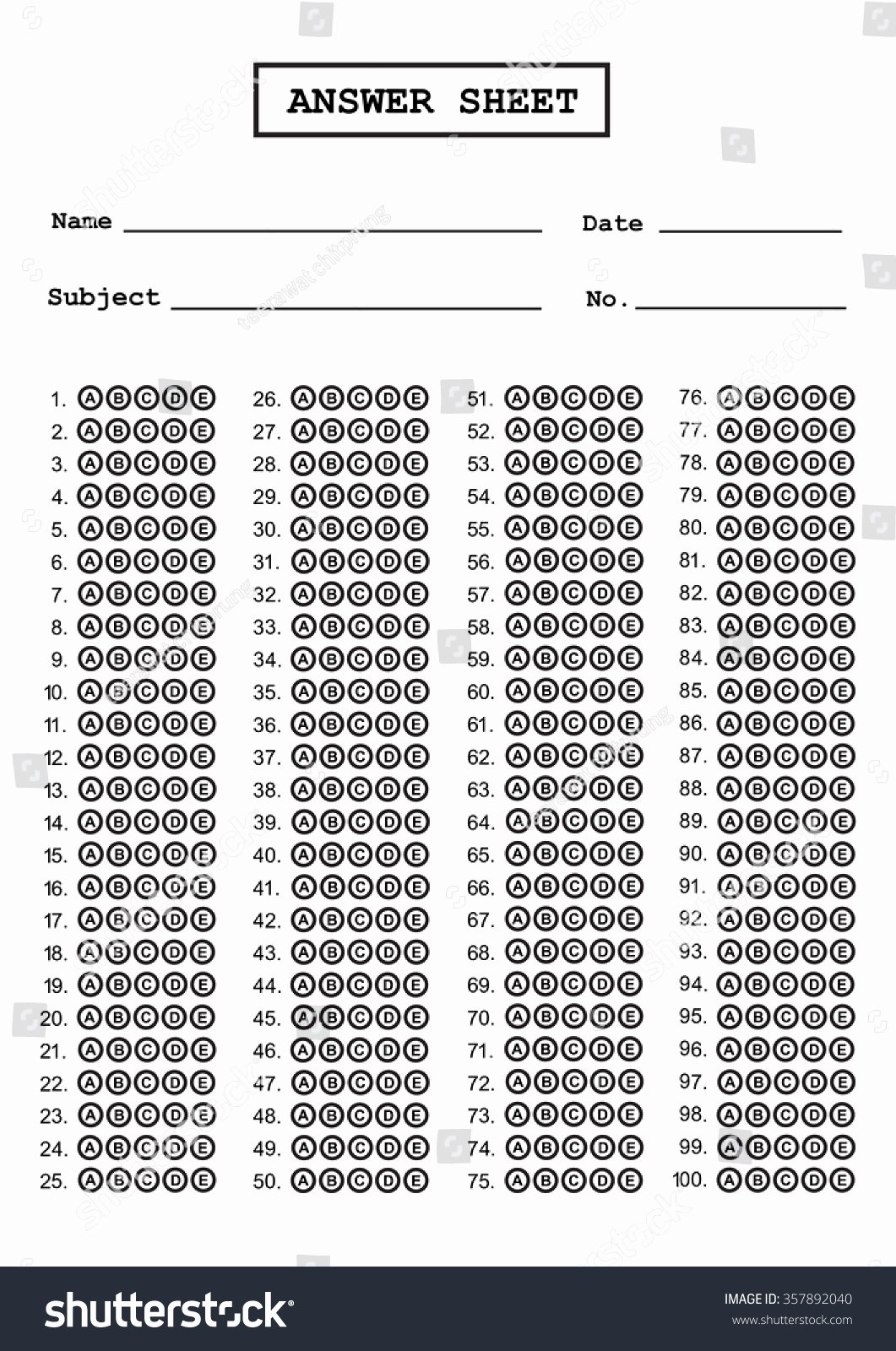 Answer Sheet For Multiple Choice
