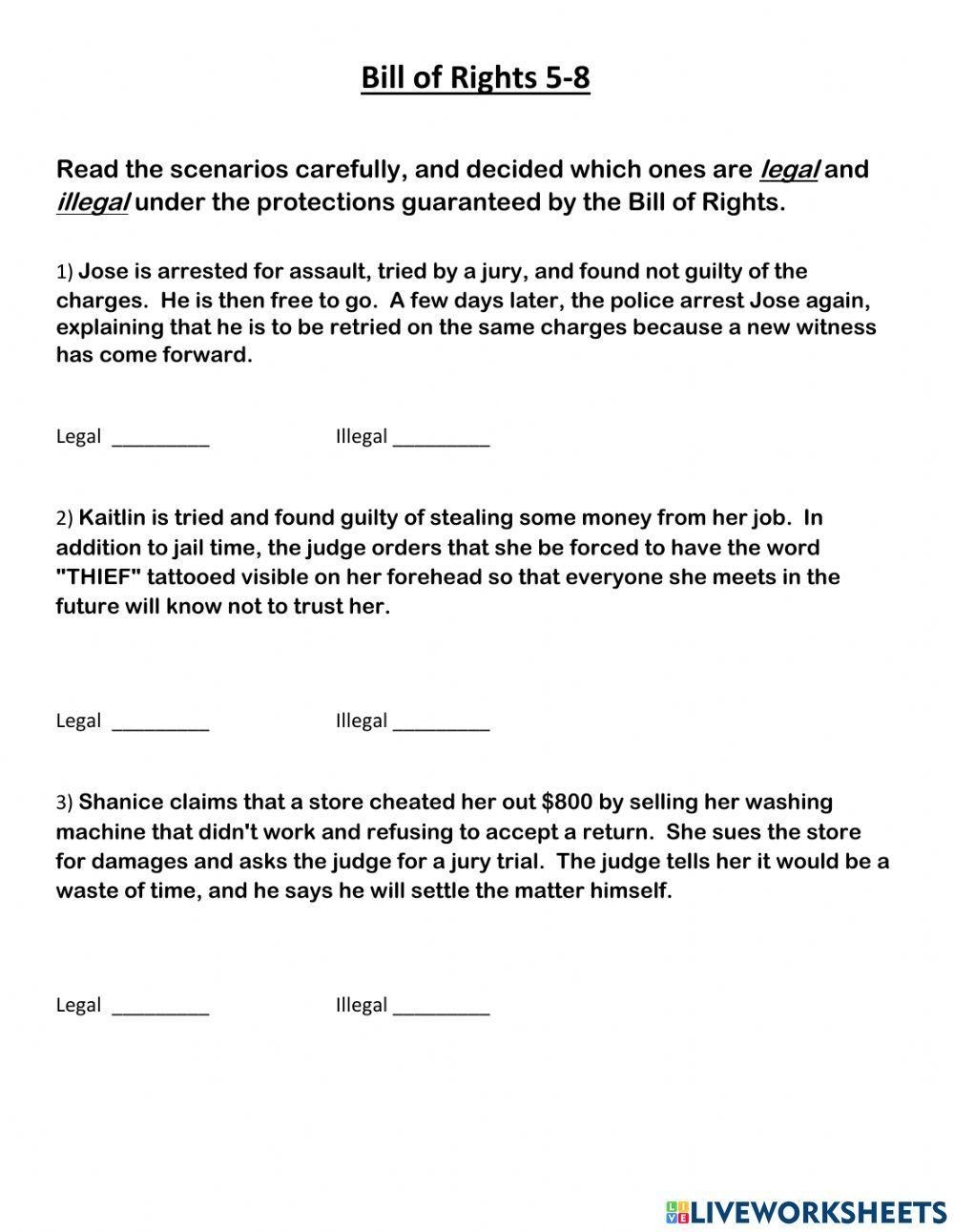 Bill Of Rights 5 8 Scenarios Worksheet Worksheet Live Worksheets