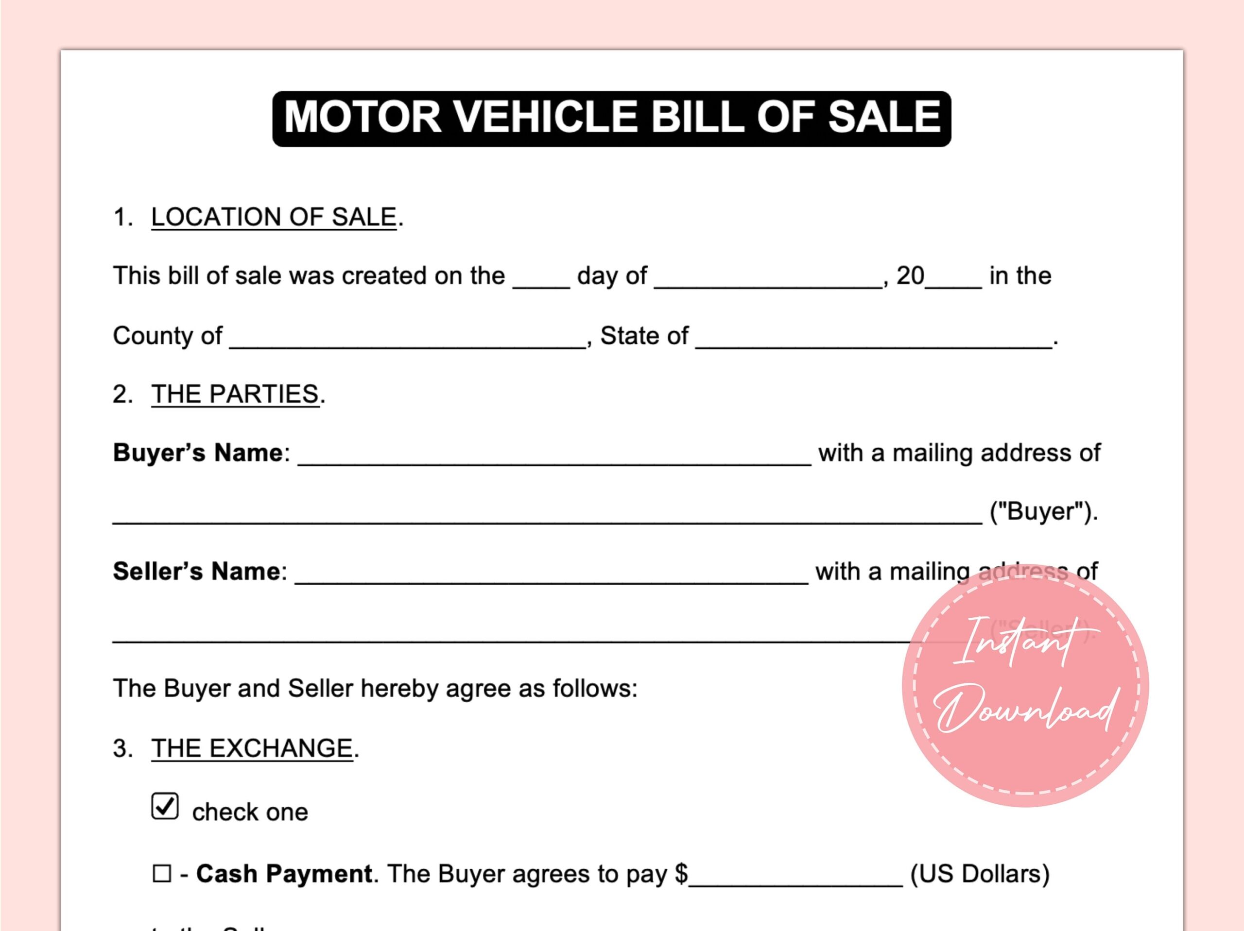 Blank Vehicle Bill Of Sale Templates