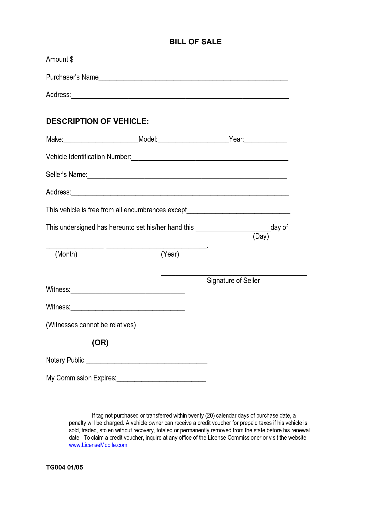Blank Car Bill Of Sale Templates