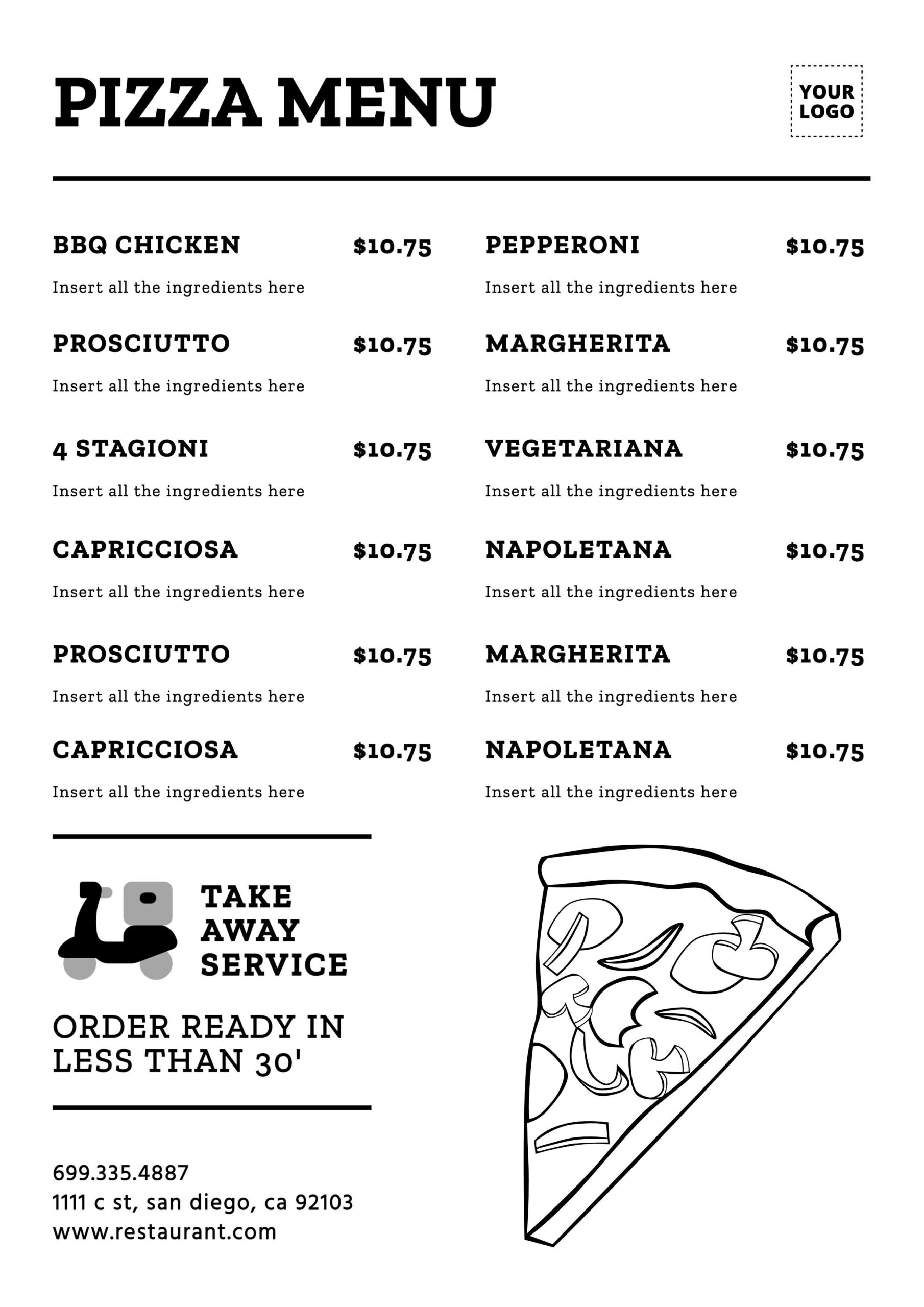 Black And White Pizza Menu List To Customize Pizza Menu Pizza Menu
