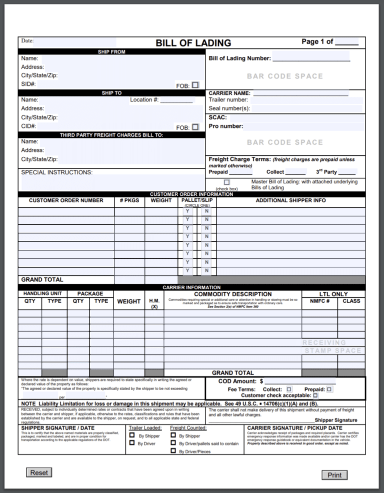 Blank Bill Of Lading Templates NTS