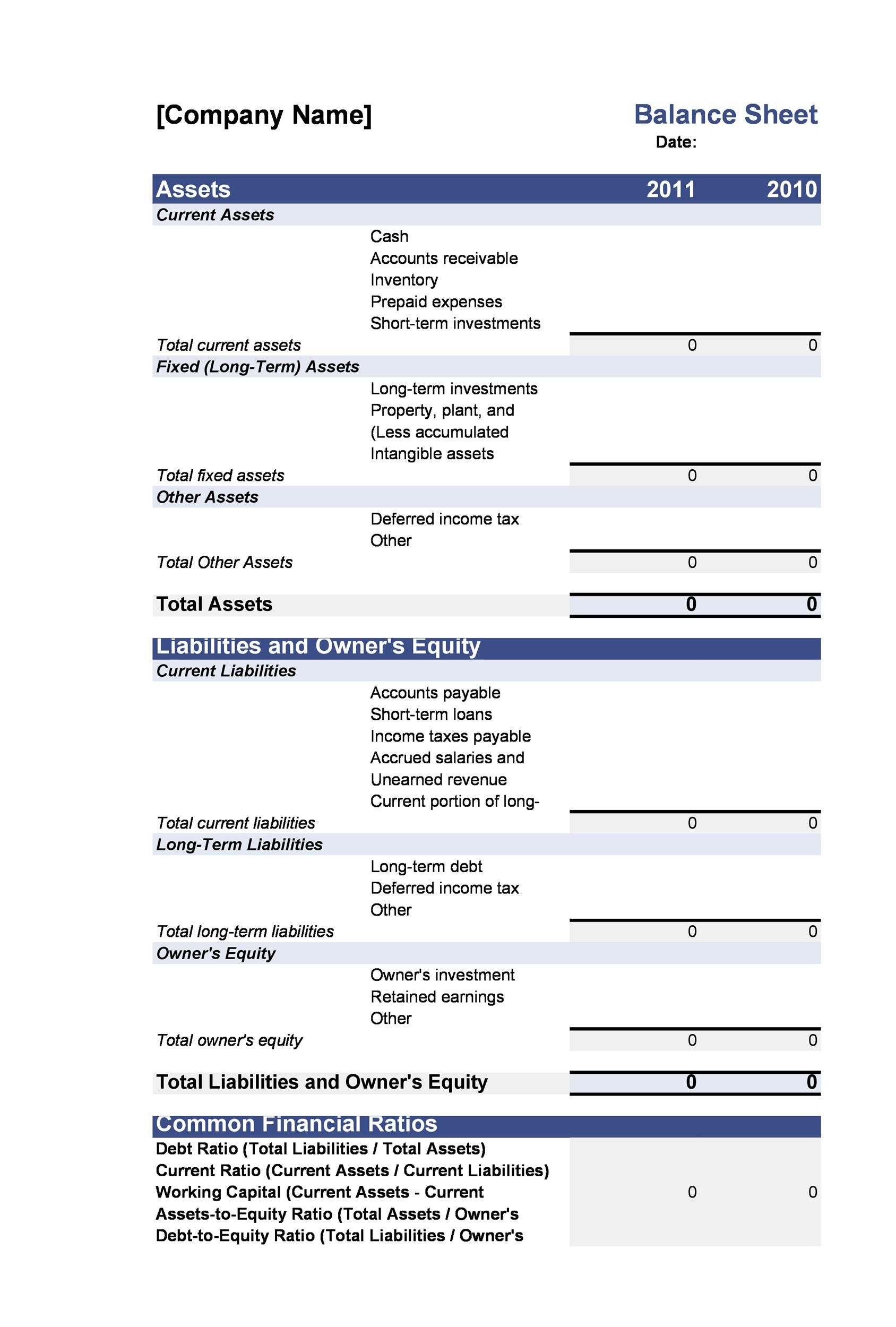 Blank Fillable Balance Sheet Template