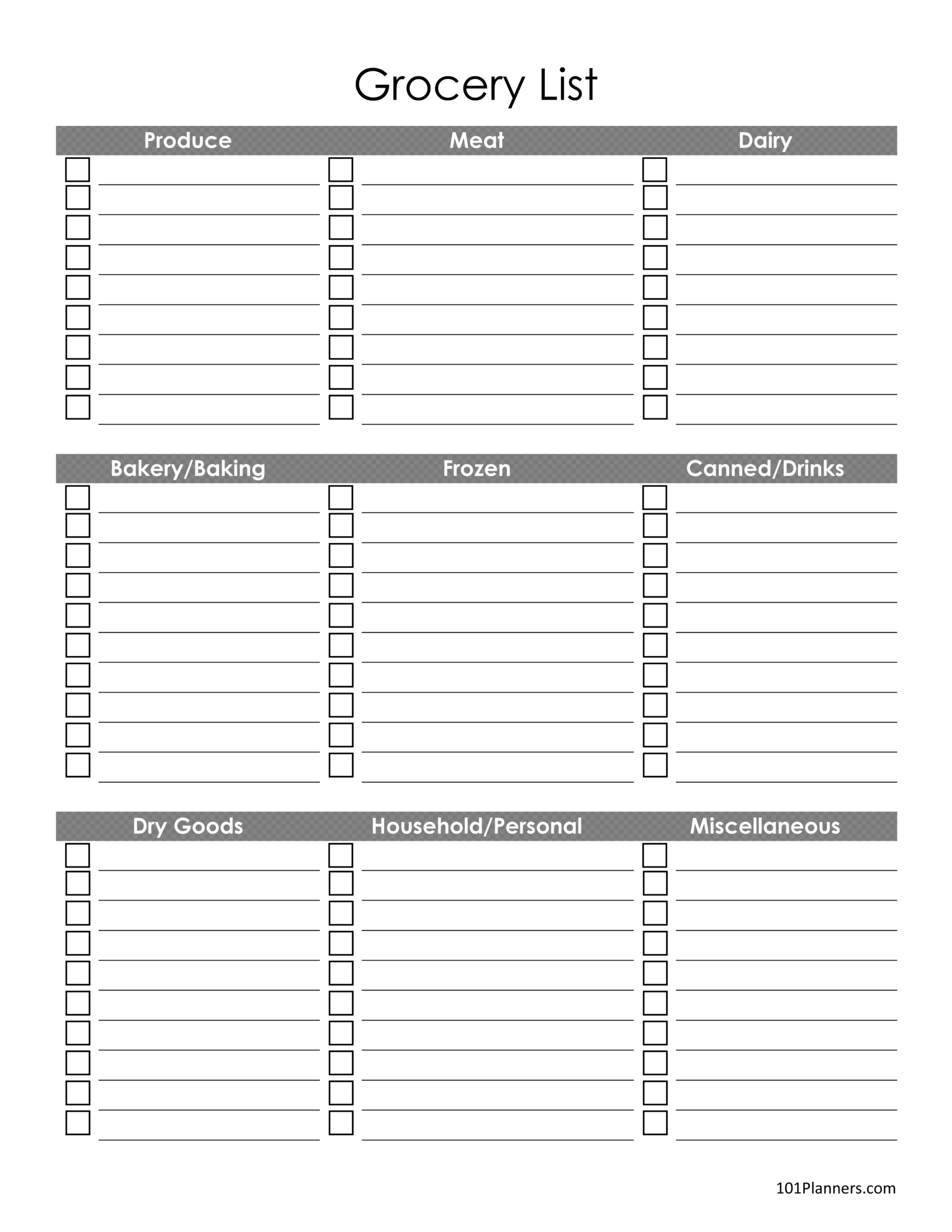 Blank Grocery List Template
