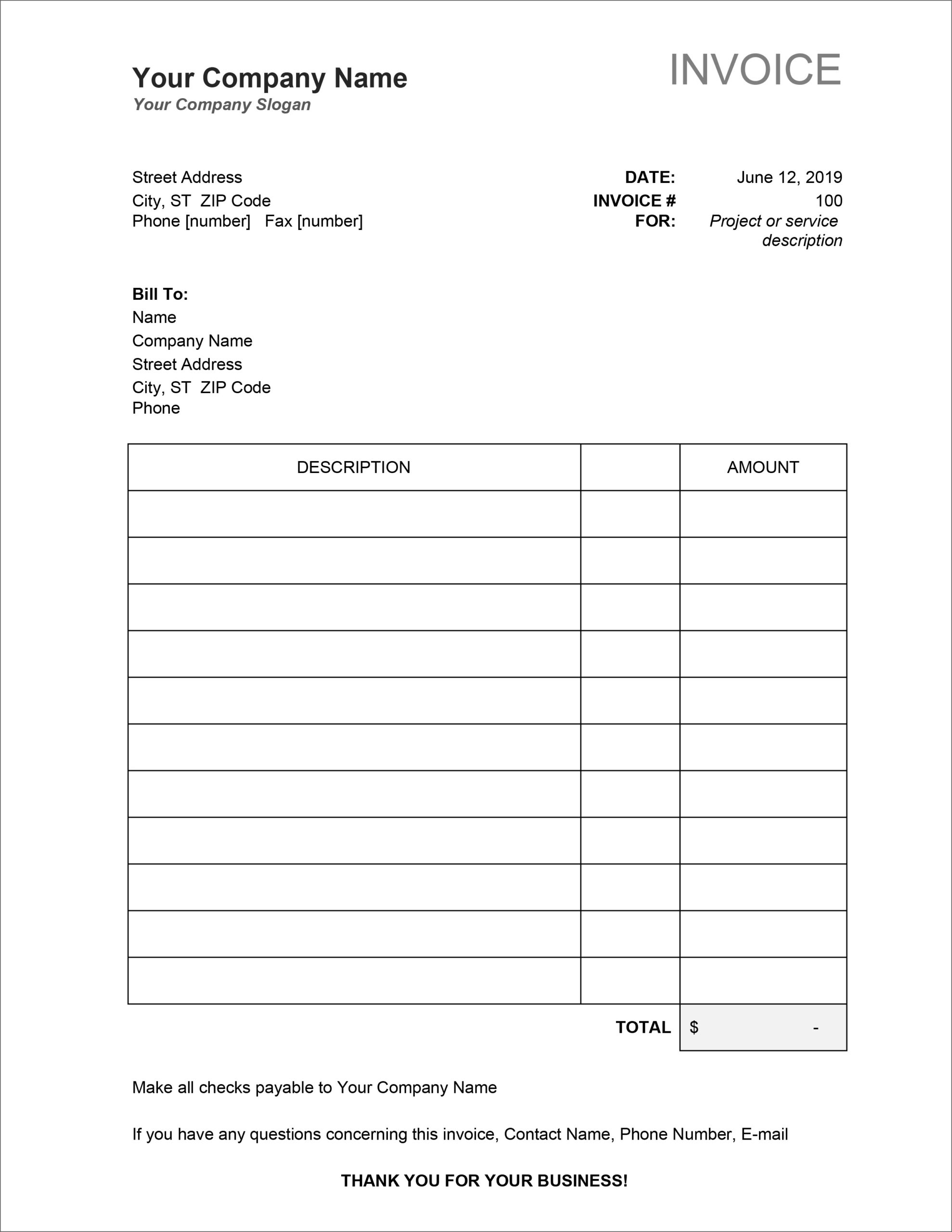 Blank Invoice Template Free Printable Excel