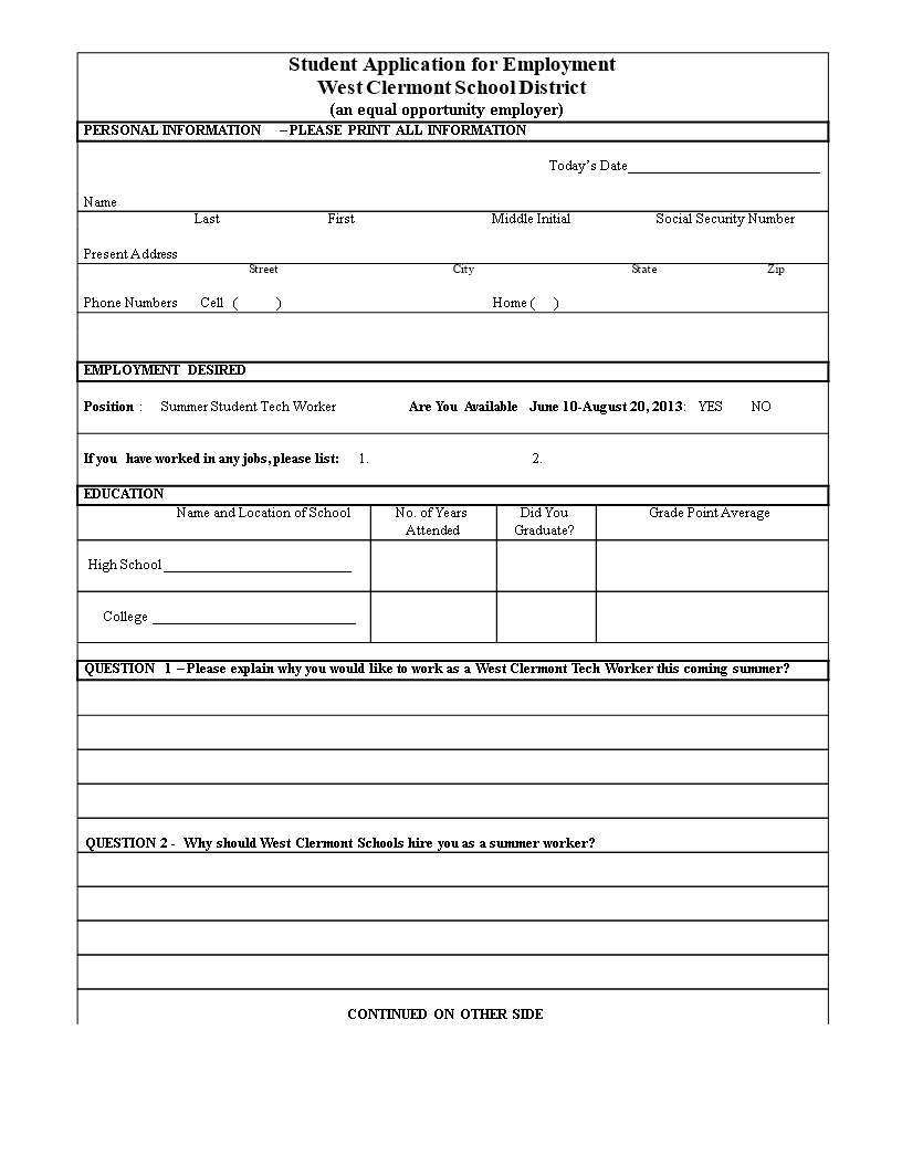 Blank Job Application Templates