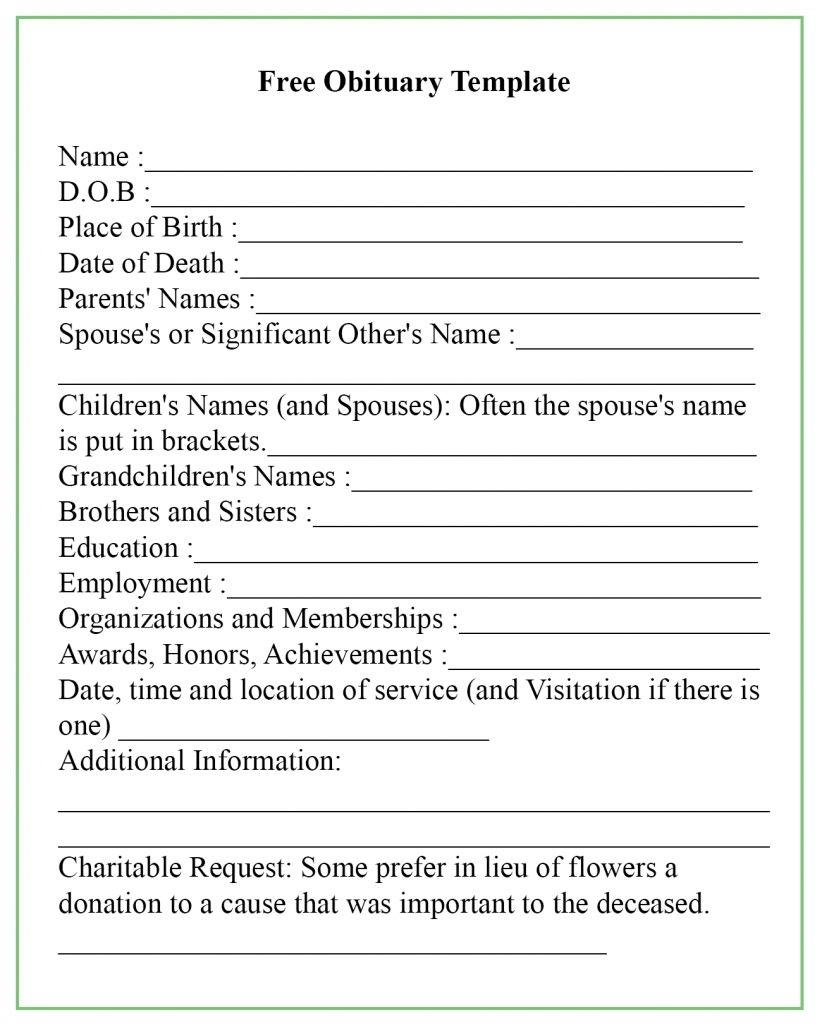 Blank Printable Obituary Template Fillable Form 2025