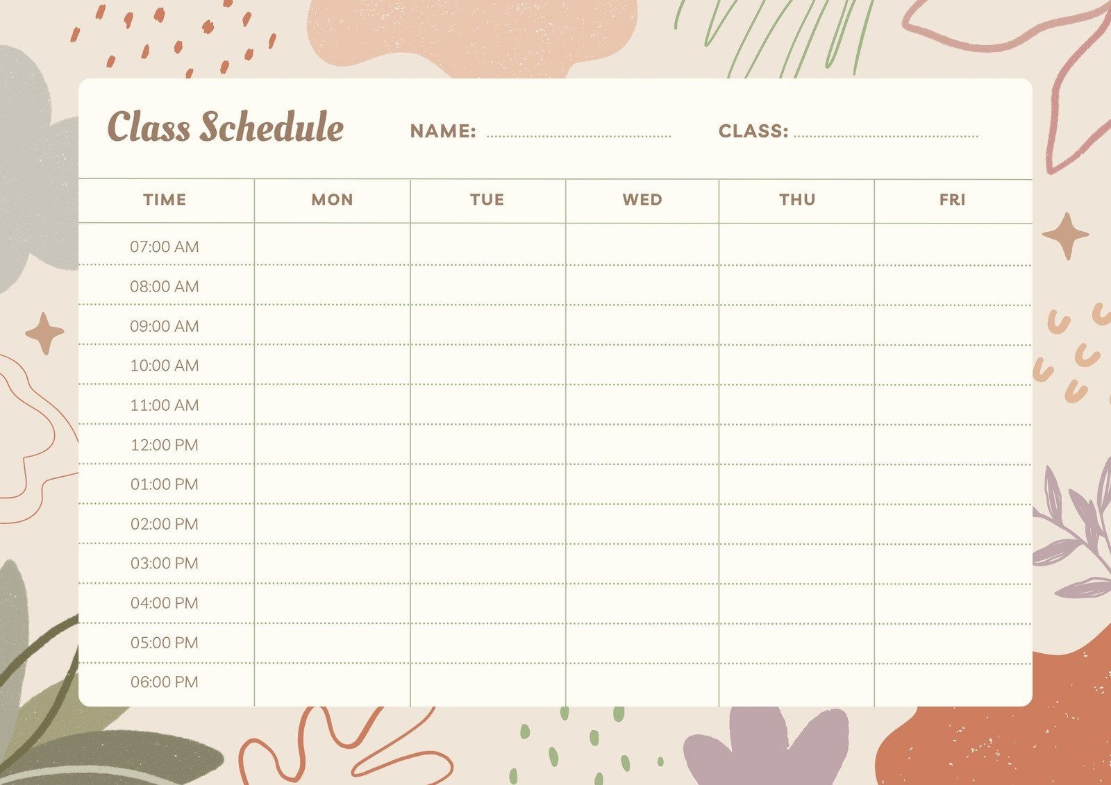 Brown Hand Drawn Abstract Weekly Class Schedule Template