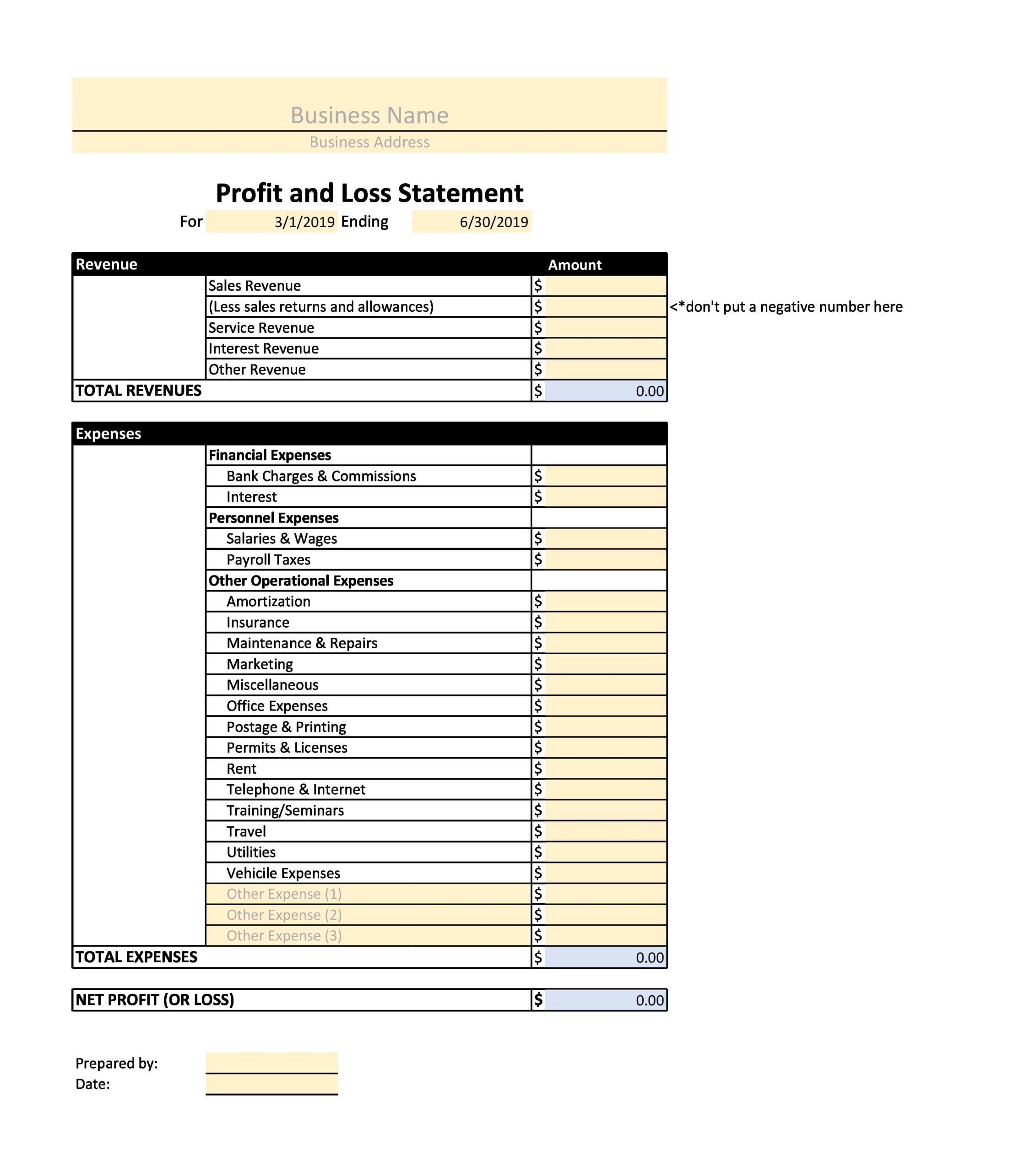 Blank Profit And Loss Templates