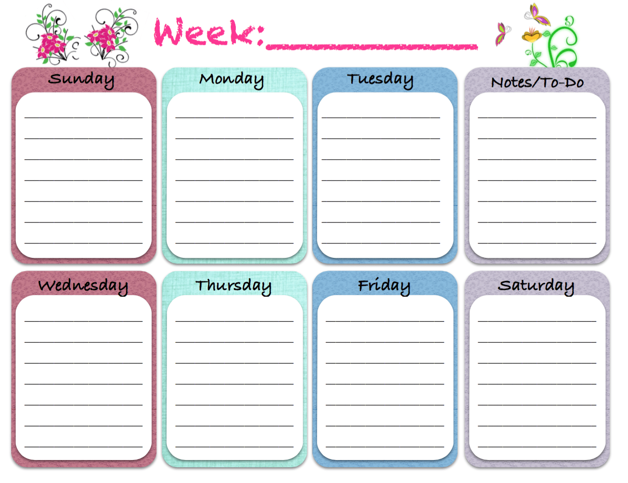 Fill In Blank 7 Day Printable Weekly Schedule Templates