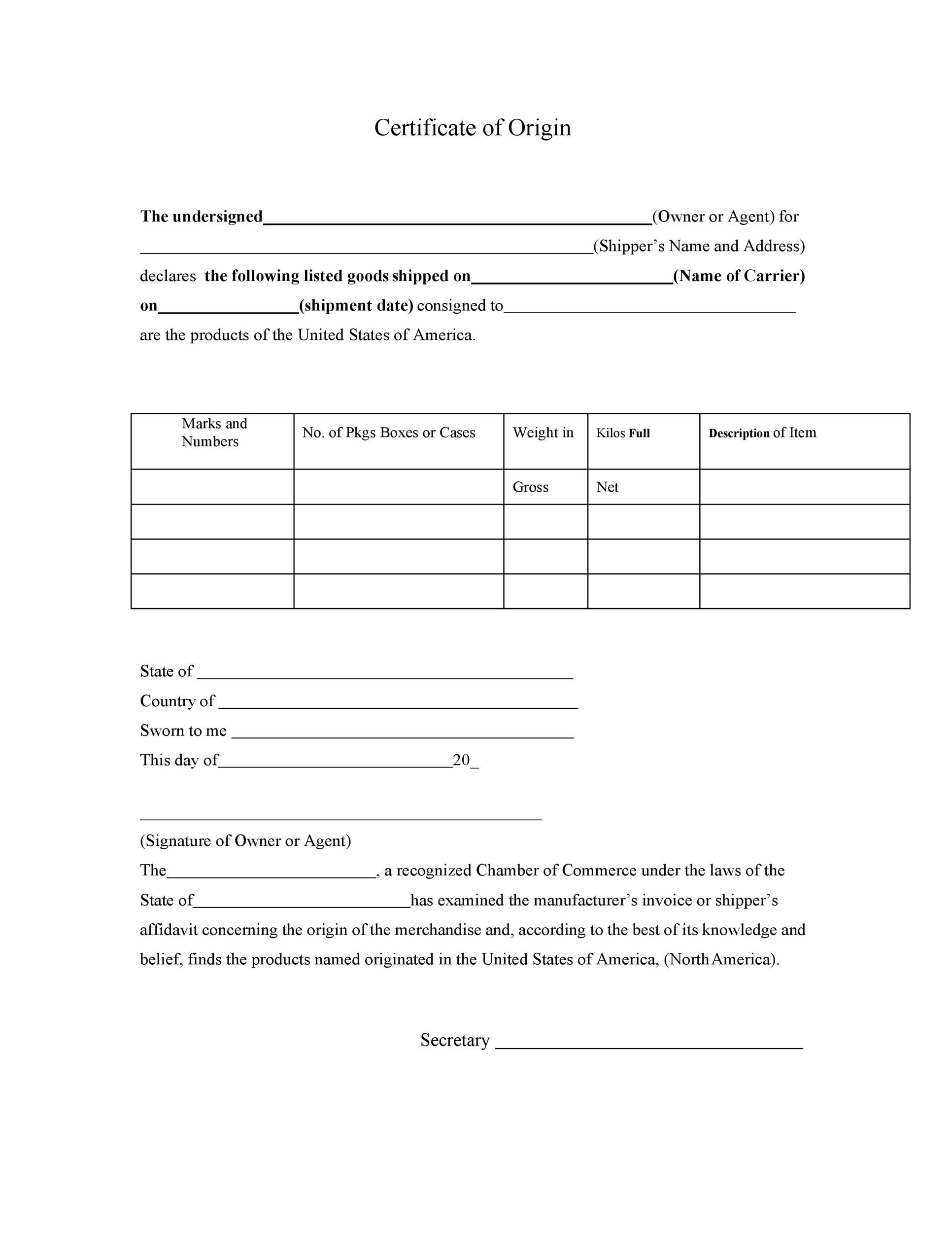 Certificate Of Origin Template Word