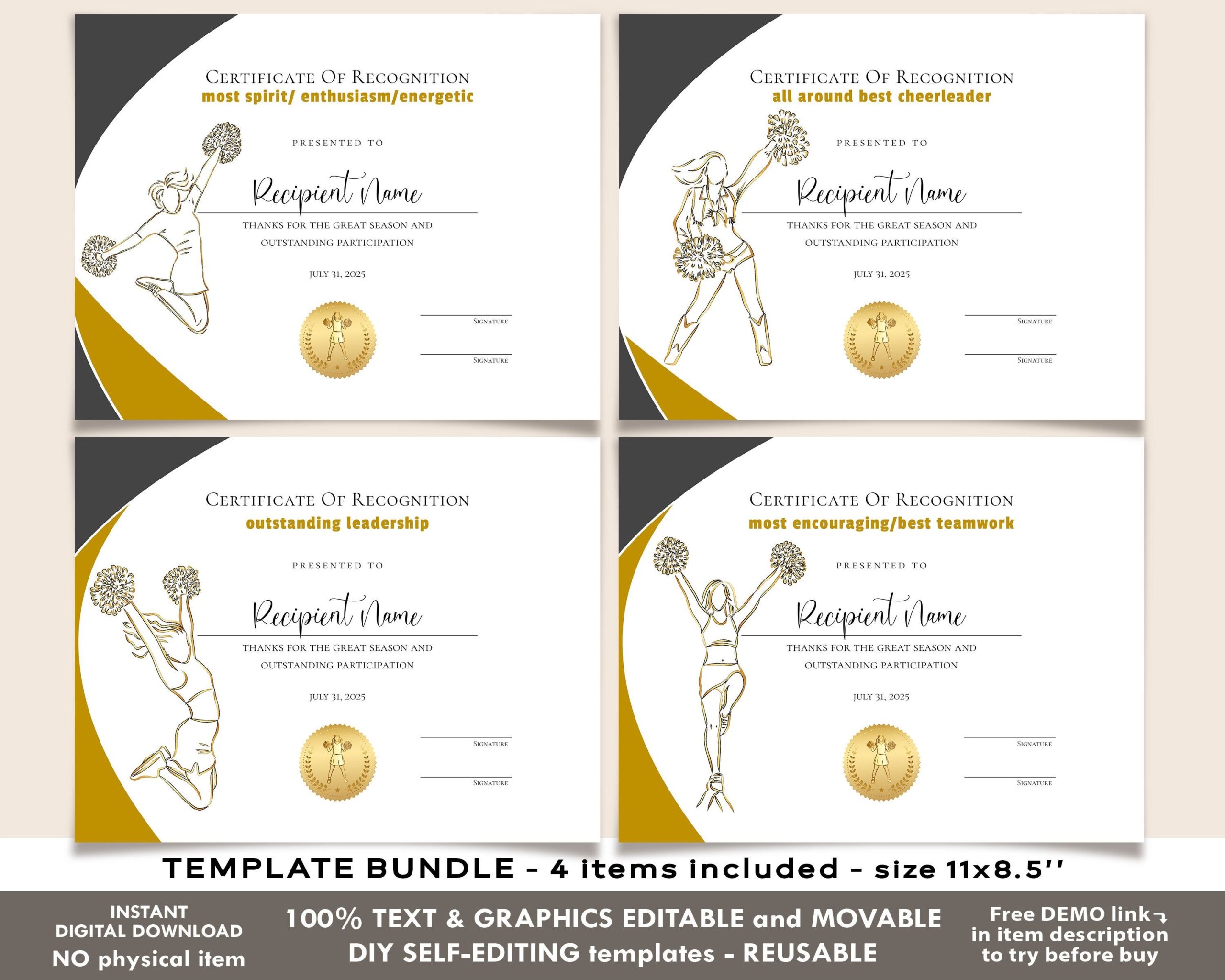 Cheerleader Award Certificates Cheerleading Awards EDITABLE Printable