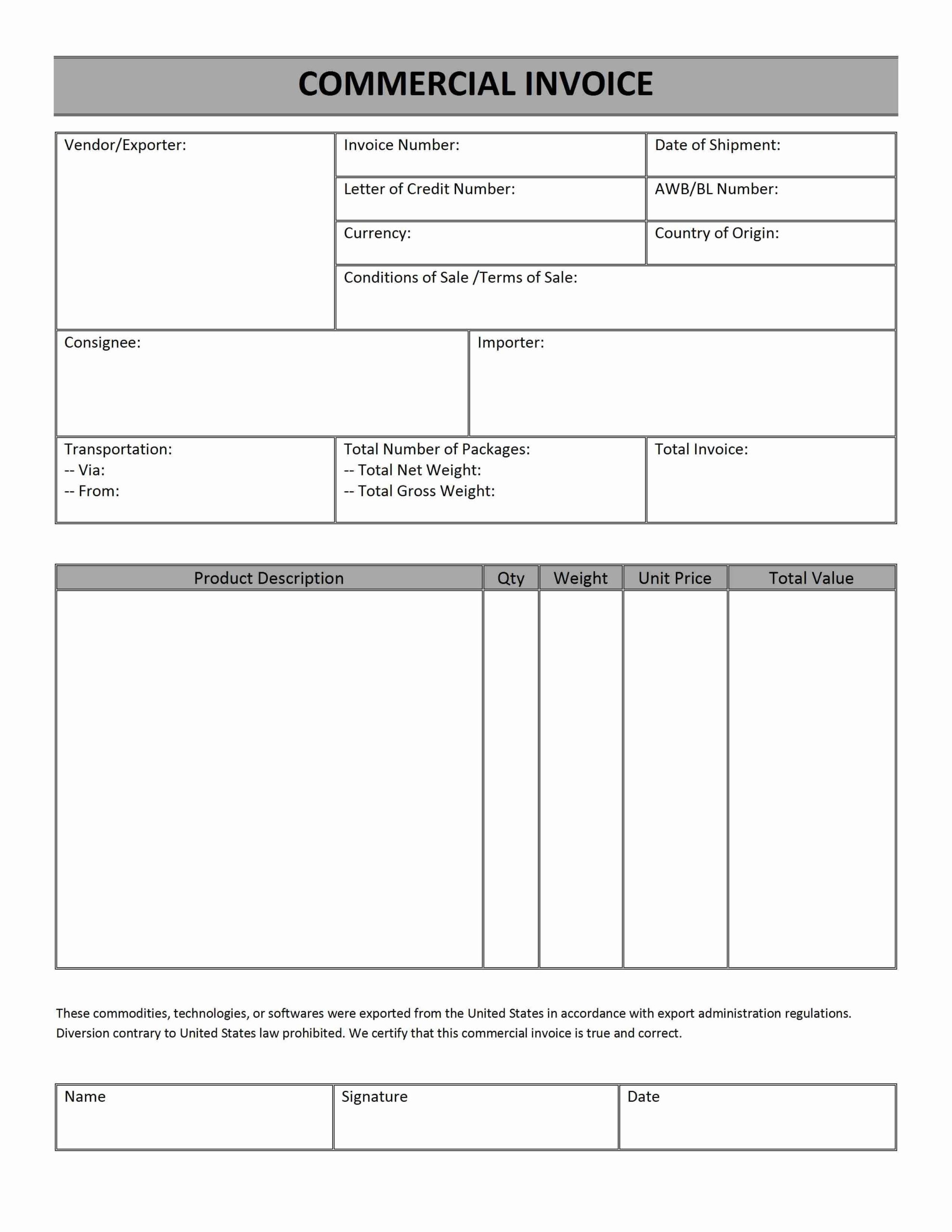 Blank Commercial Invoice Templates