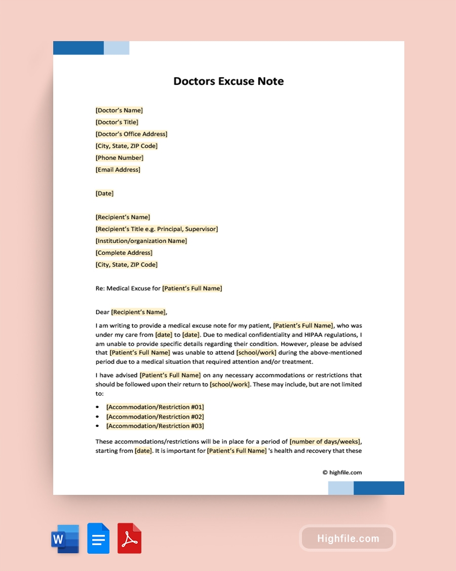 Doctors Note Template Word