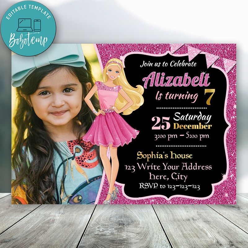 Editable Barbie Birthday Invitations With Photo Instant Download