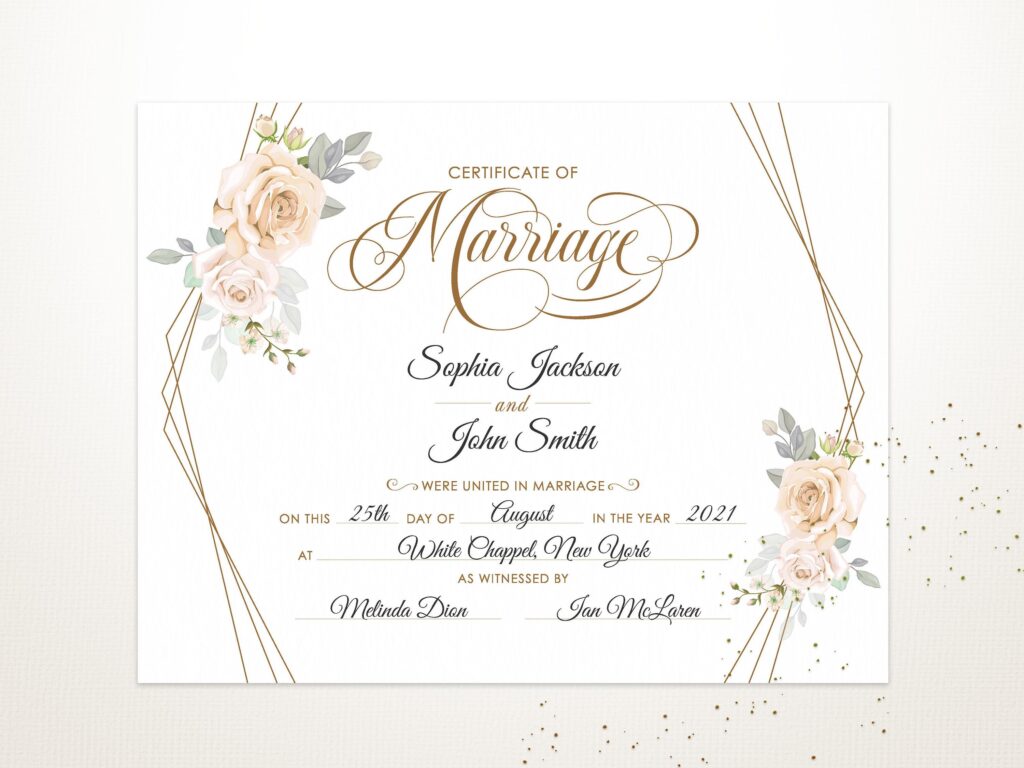Elegant Wedding Certificate Template Printable Editable Certificate Of