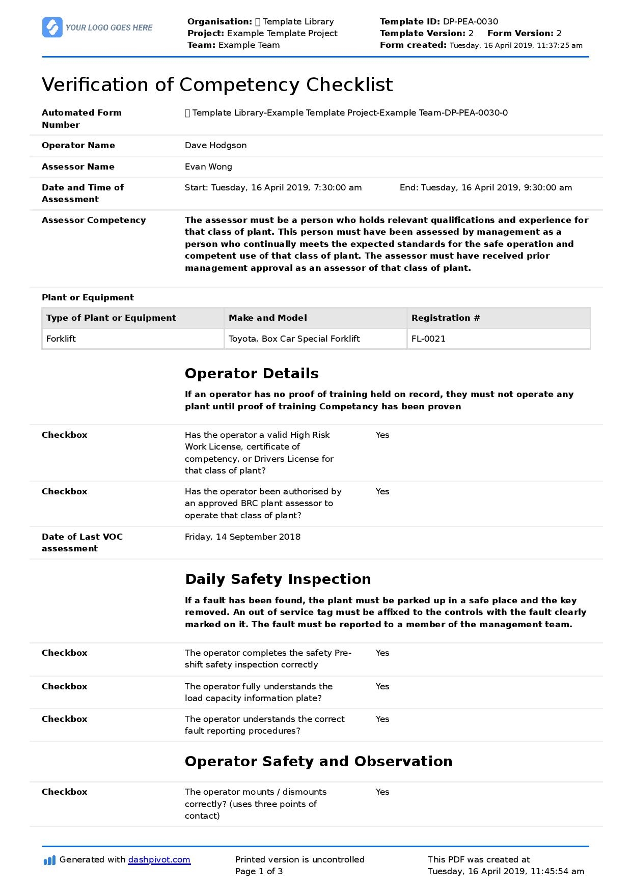 Blank Competency Checklist Templates