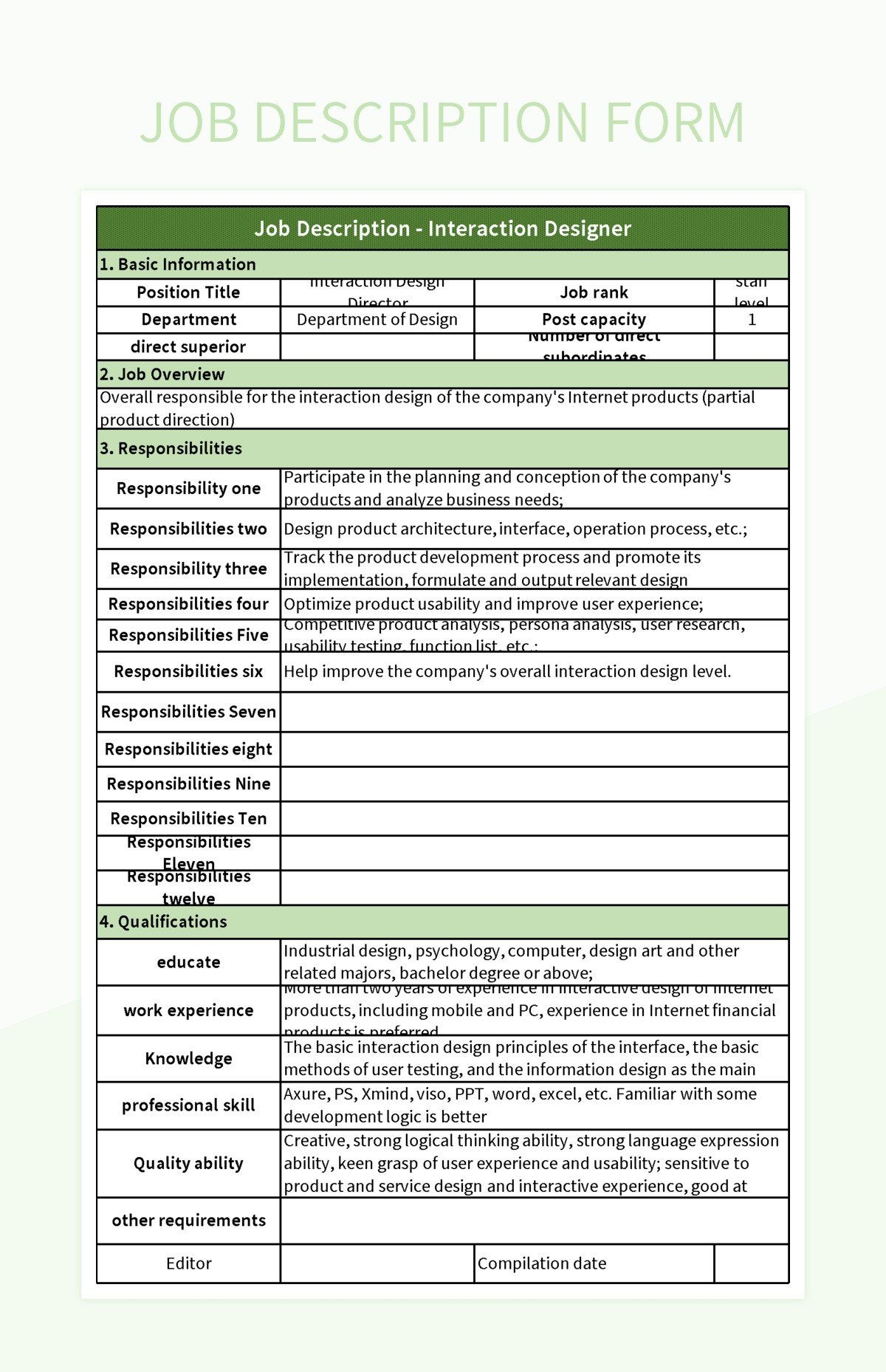 Employee Job Description Template Excel Infoupdate