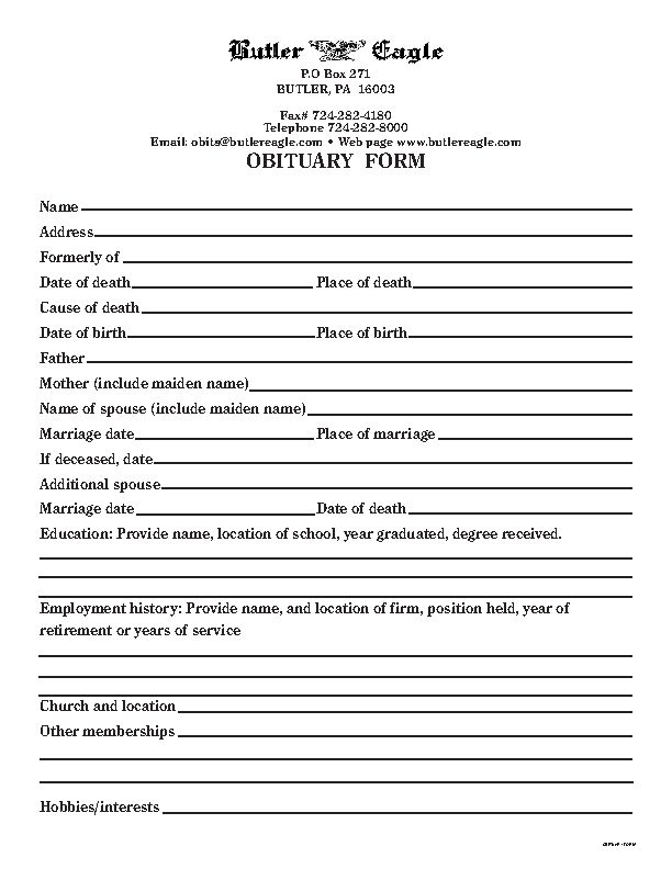 Fill In The Blank Obituary Templates Pdf