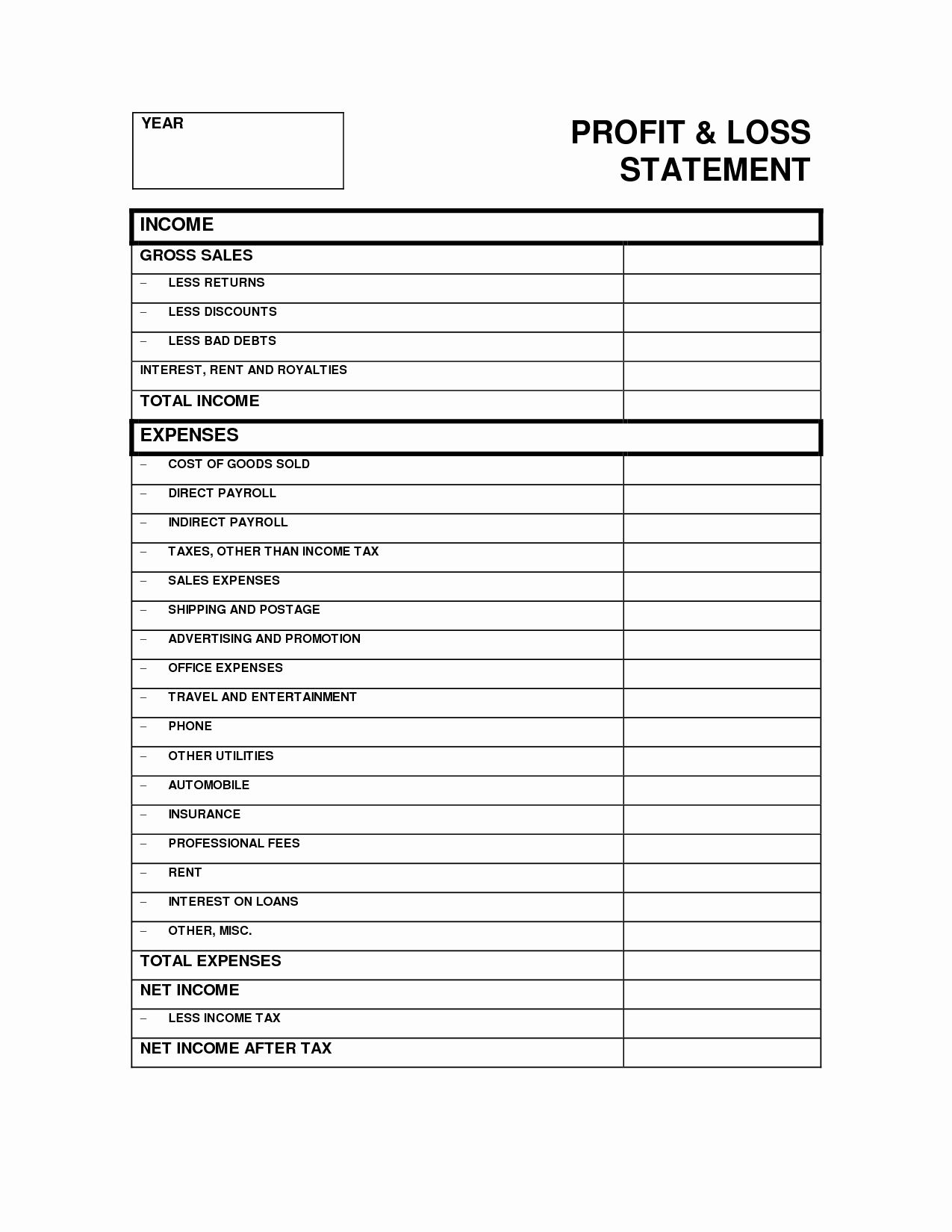 Blank Profit And Loss Statement Templates