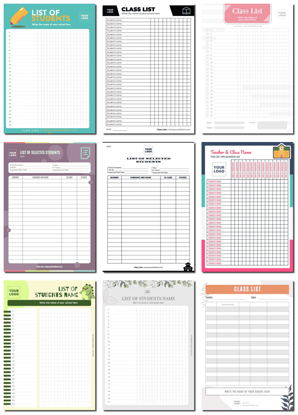 Blank Class List Templates