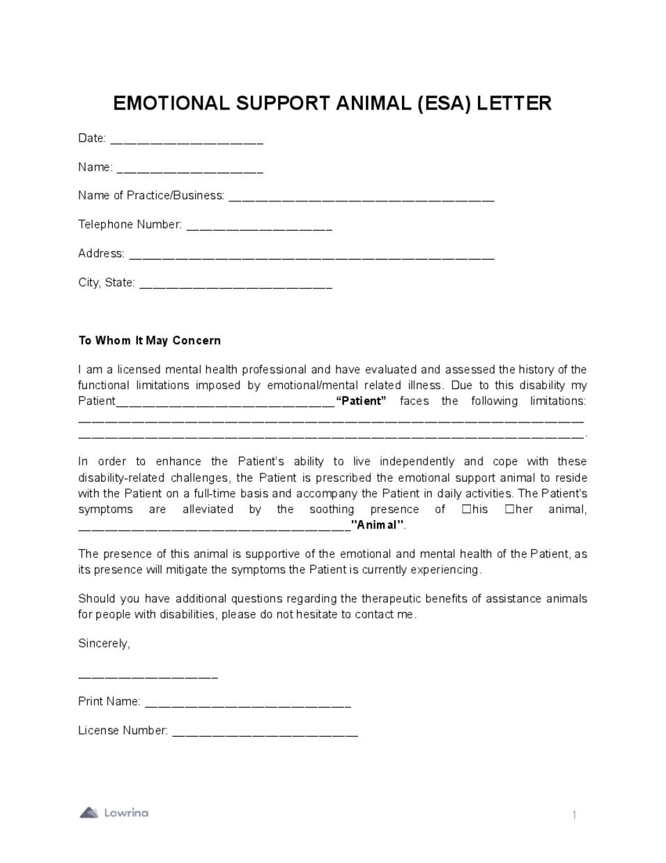 Free Emotional Support Animal ESA Letter PDF Lawrina