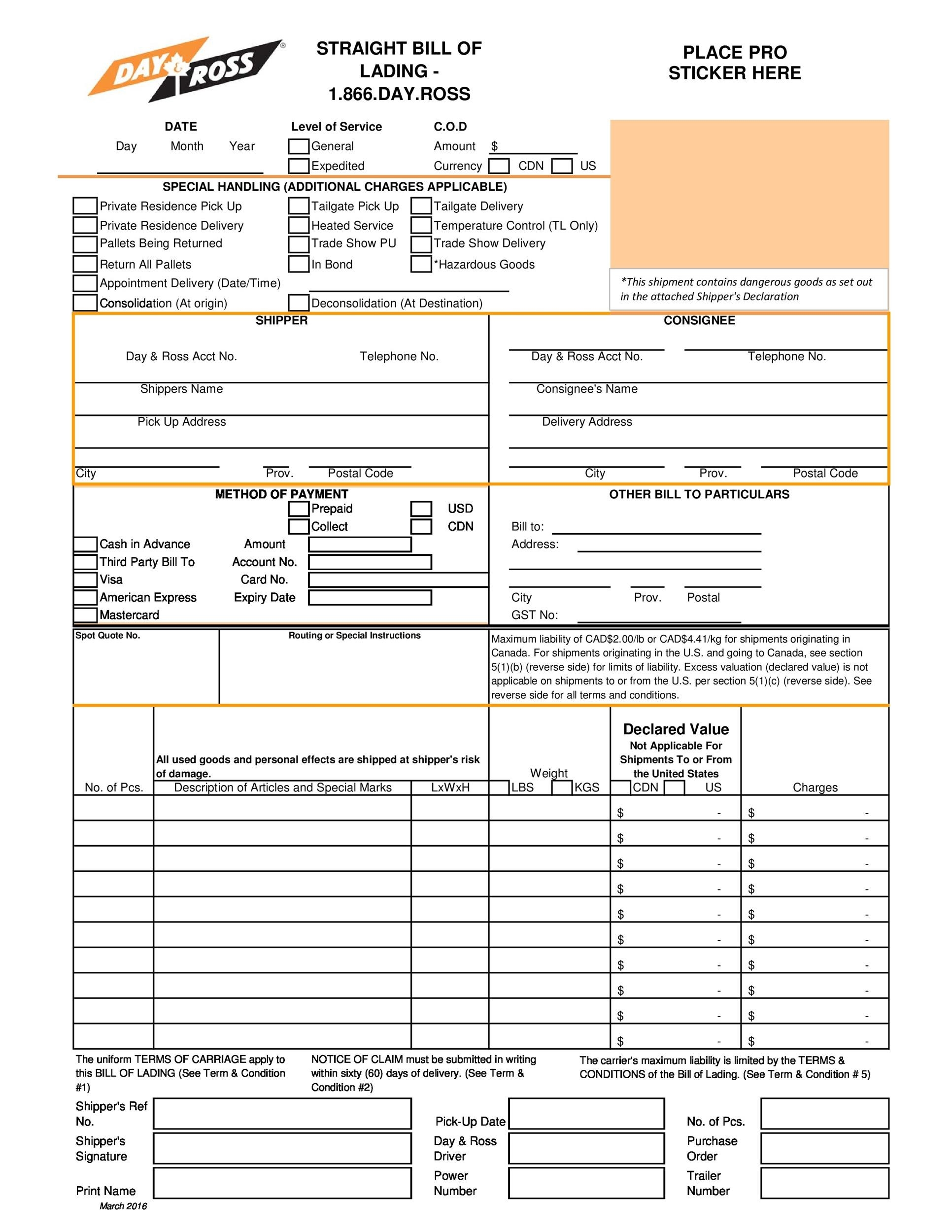 Blank Bill Of Lading Templates