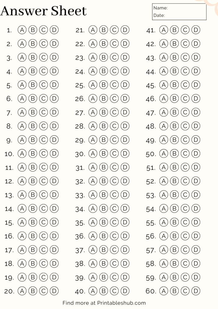 Free Printable Blank Answer Sheet Templates 1 10 1 20 1 30 1 40 1