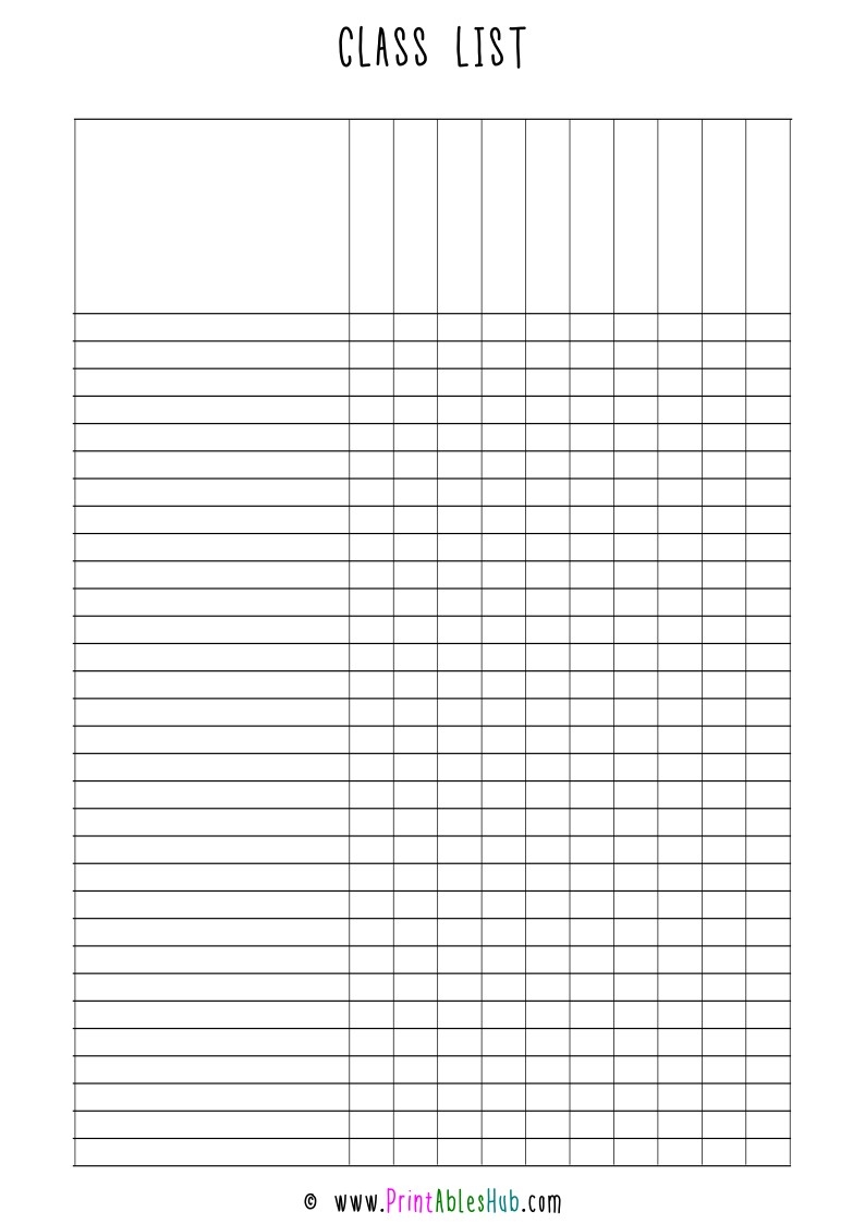 Free Printable Blank Class List Templates For Teachers PDF