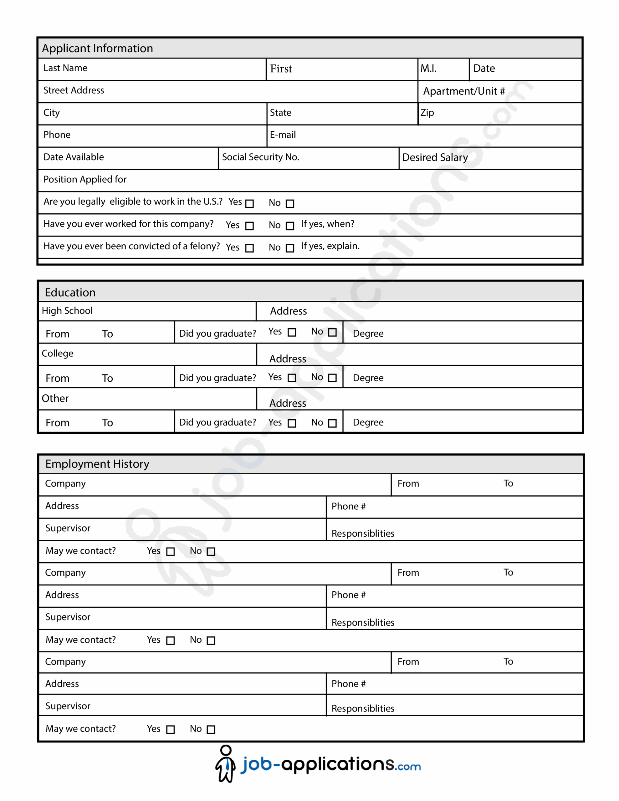 Free Printable Generic Employment Application