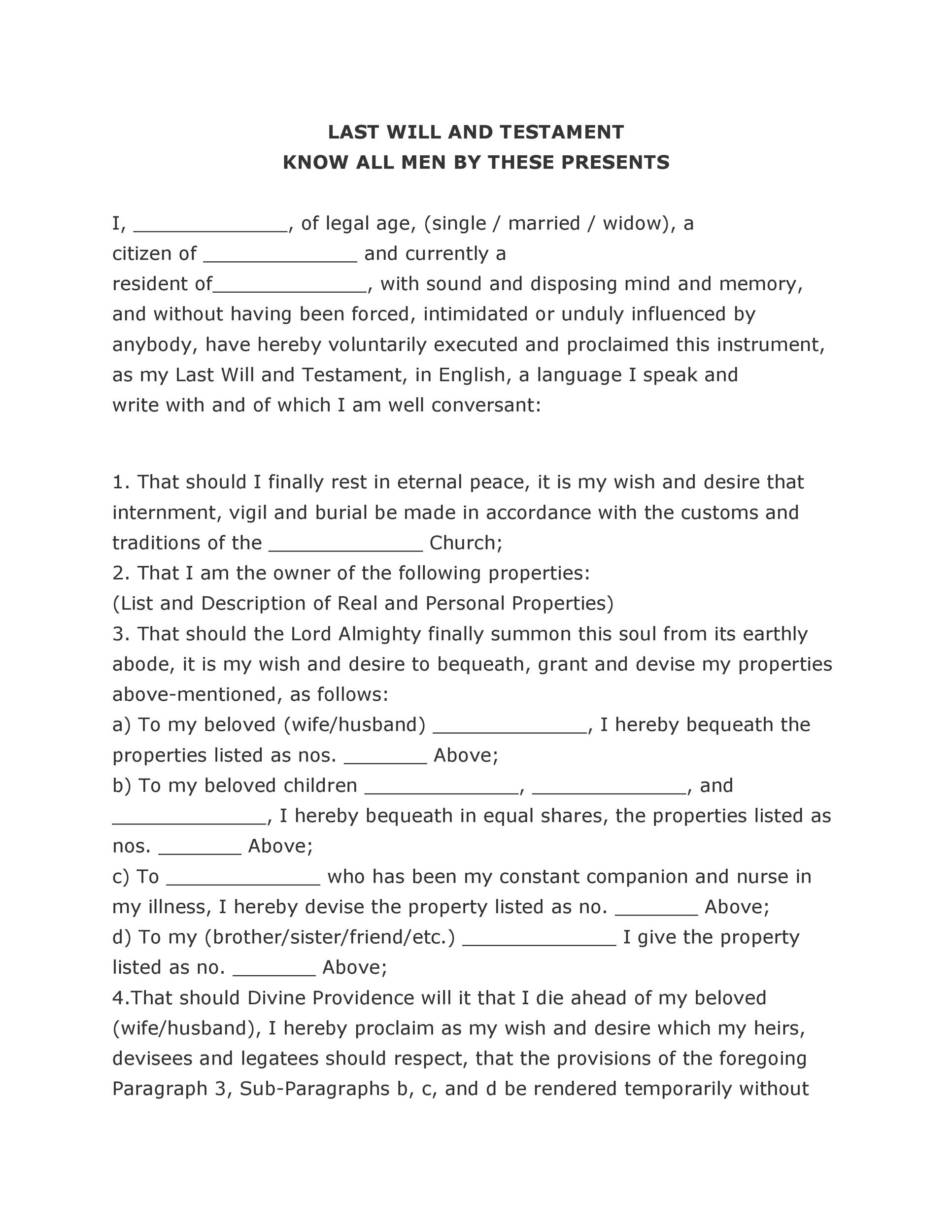 Blank Last Will And Testament Templates