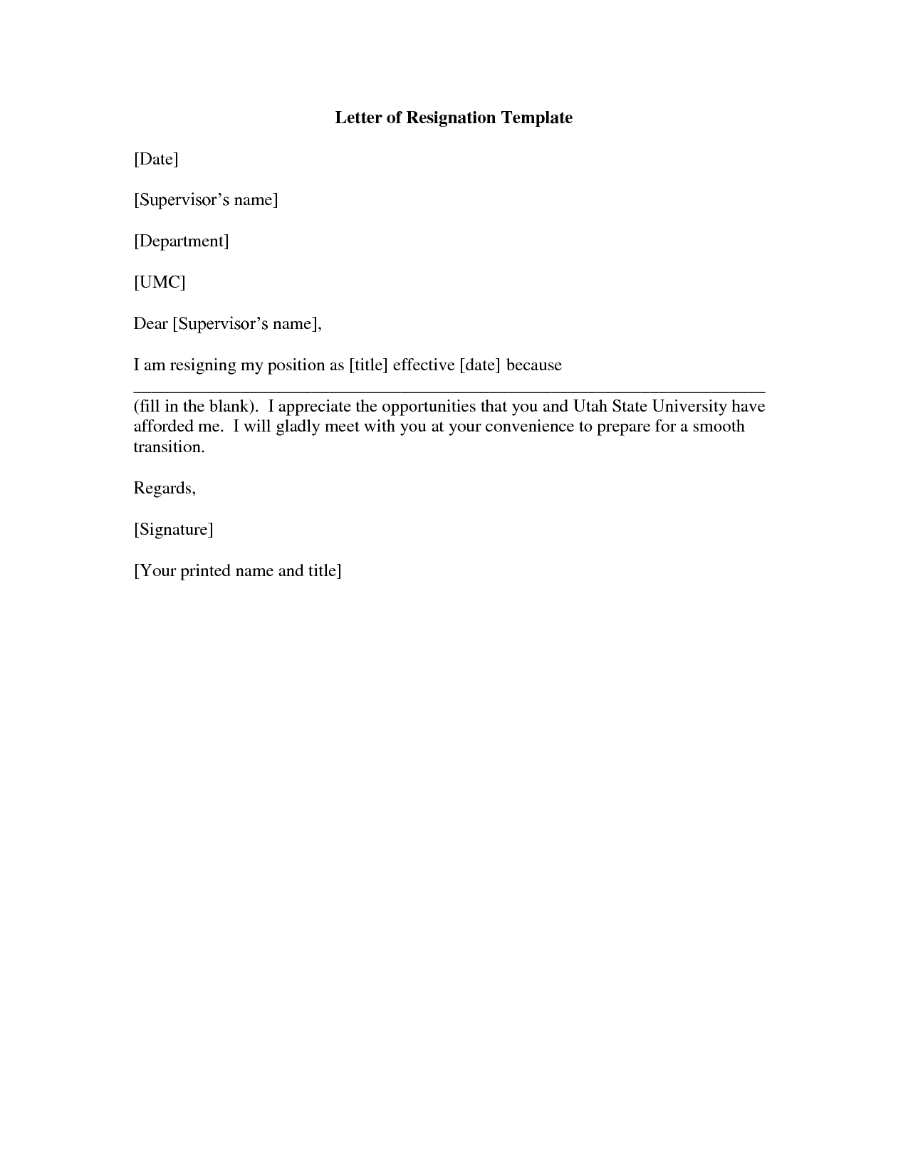 Free Printable Letter Of Resignation Form GENERIC 