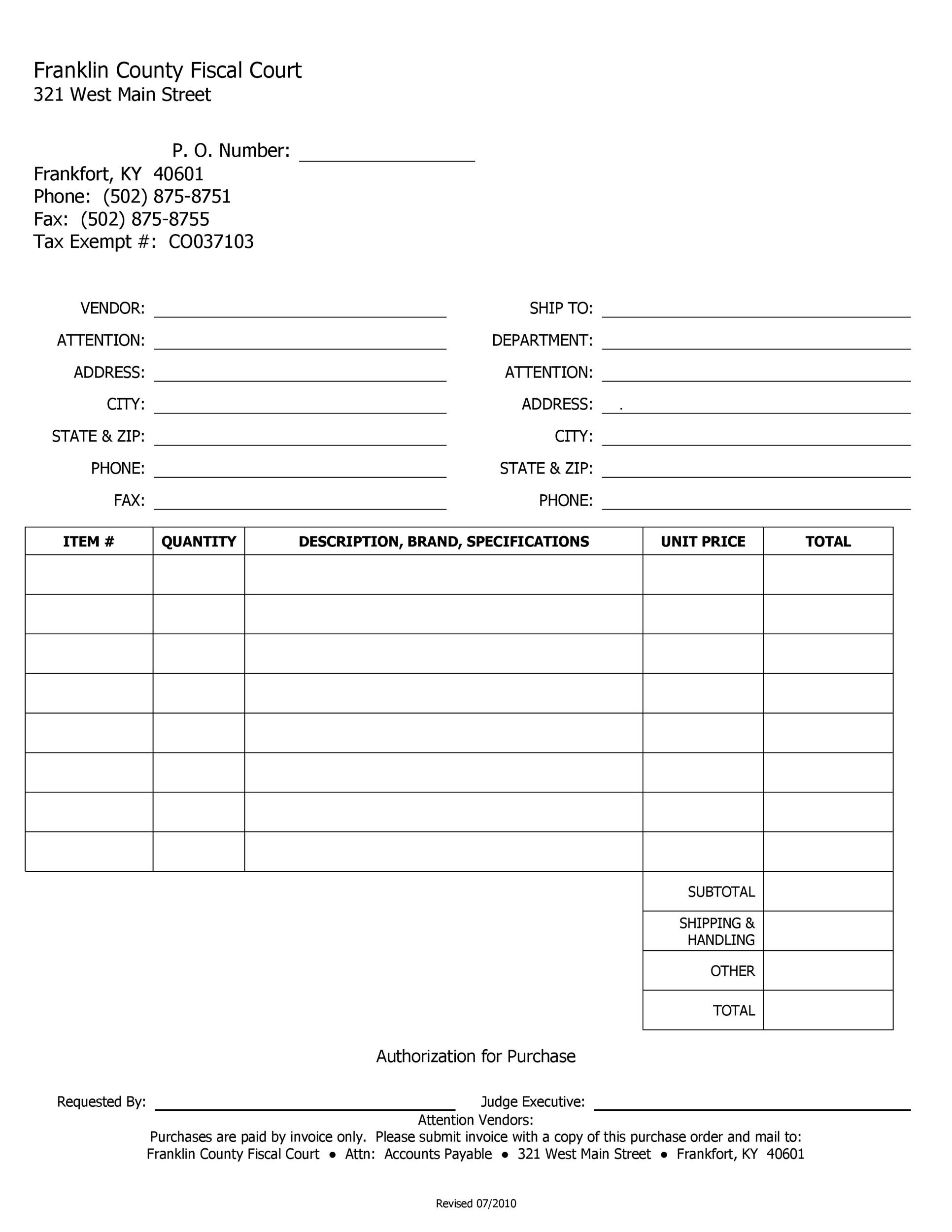 Free Purchase Order Form Template Pdf