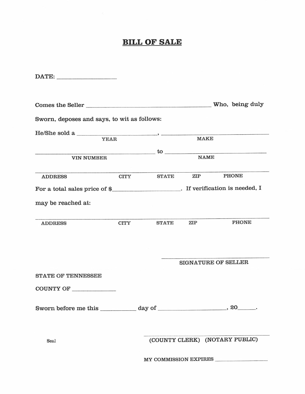 Free Tennessee Vehicle Bill Of Sale Form Download PDF Word