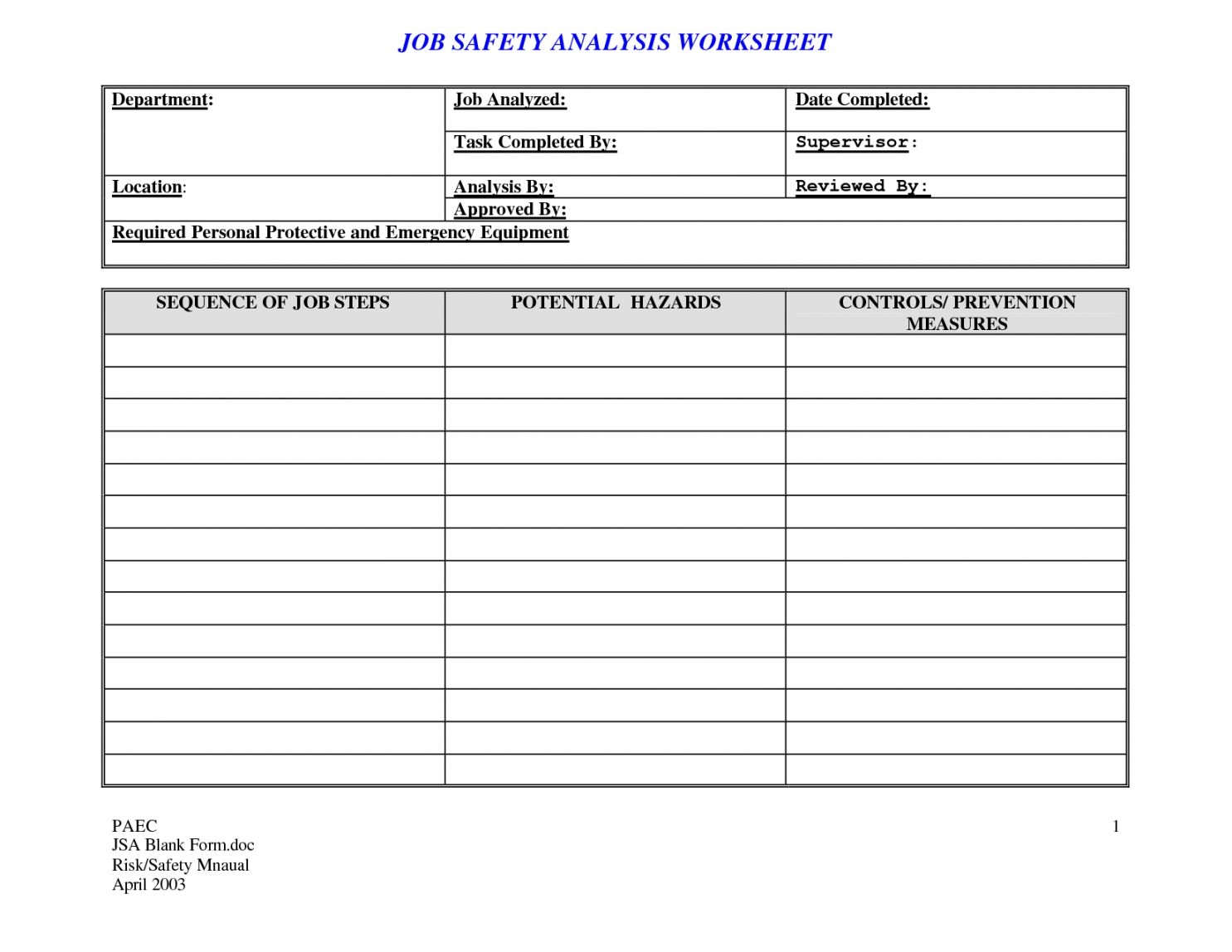 Get Our Example Of Job Safety Analysis Worksheet Template For Free