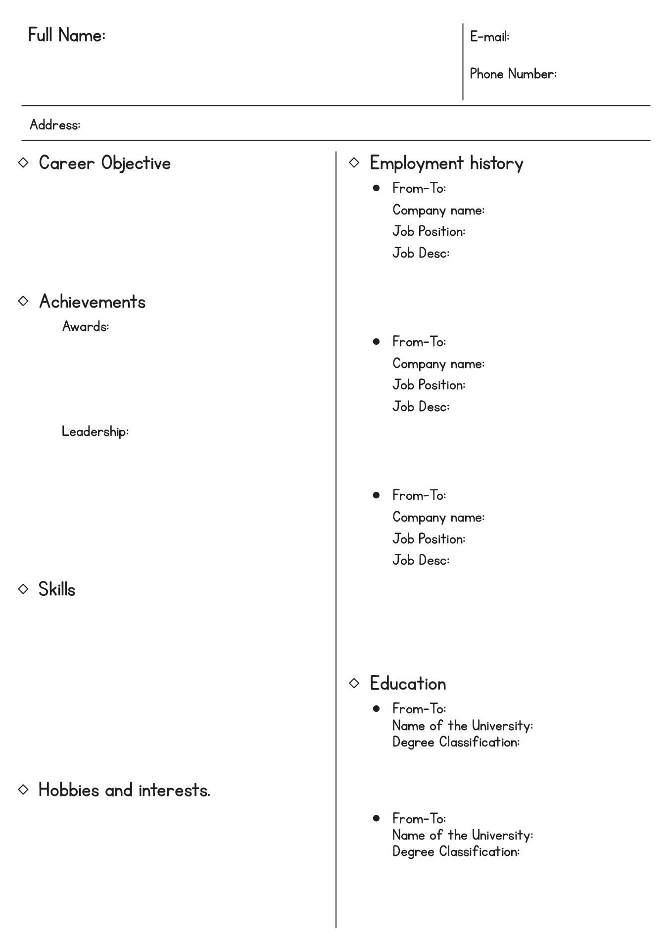 Blank Templates Printable Resumes