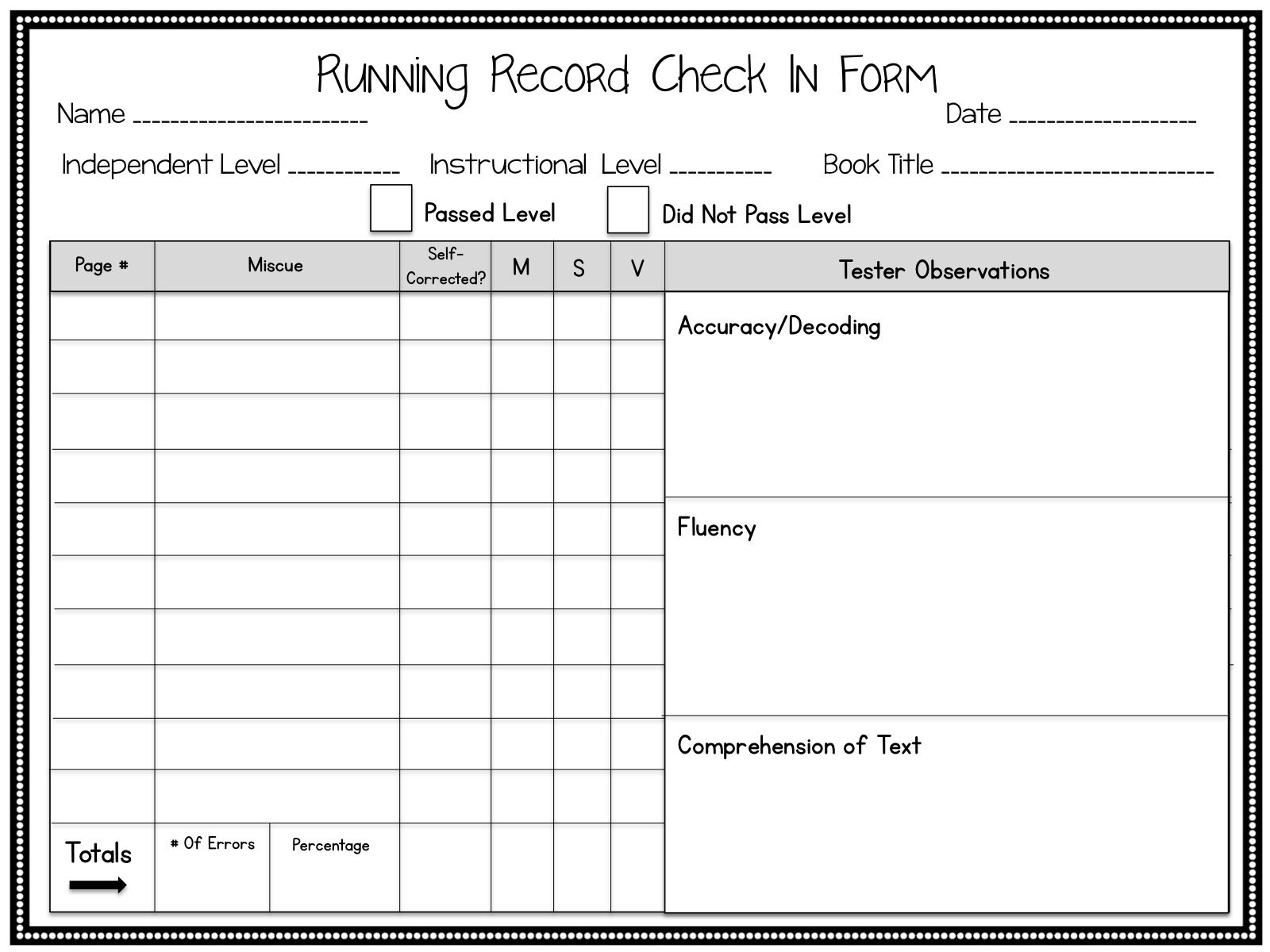  Informal Running Record Form Part Of HUGE Guided Reading Bundle