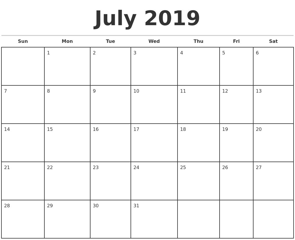 July 2019 Monthly Calendar Template