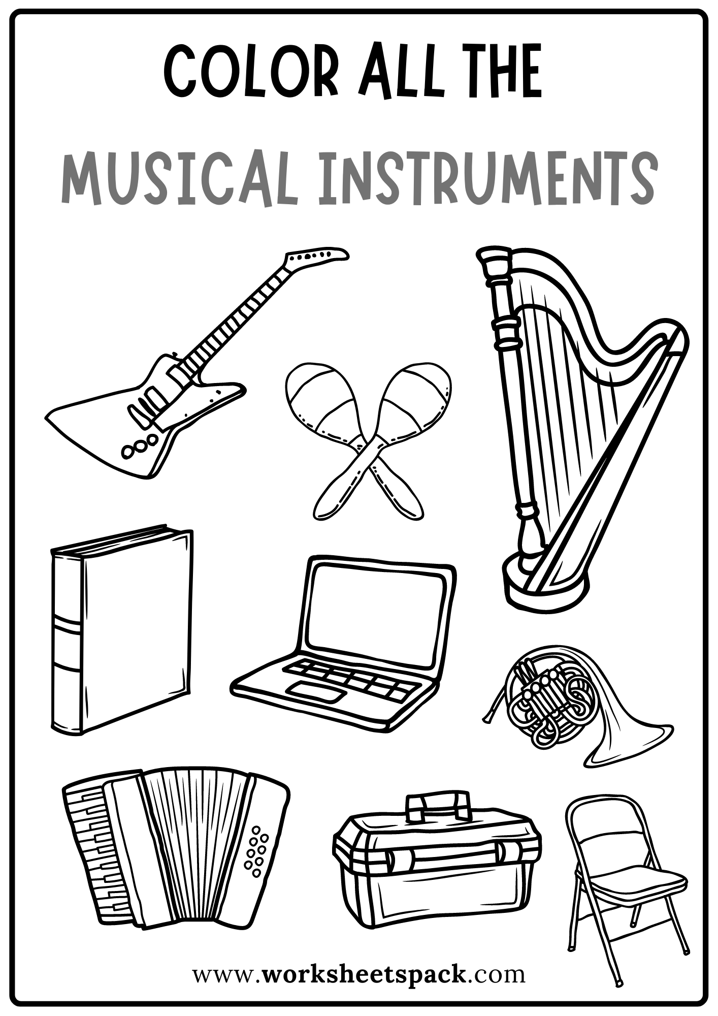 Musical Instruments Coloring Pages Free PDF Worksheetspack
