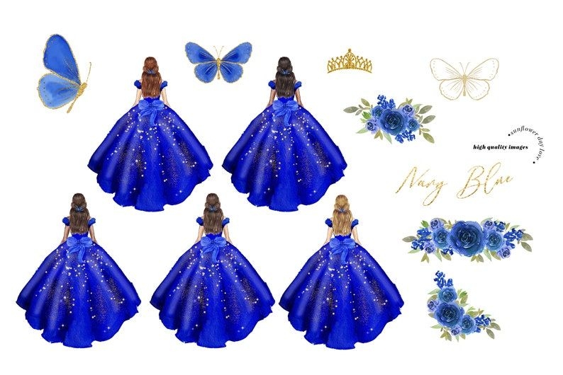 Navy Blue Princess Dresses Watercolor Clipart Navy Blue Etsy Navy